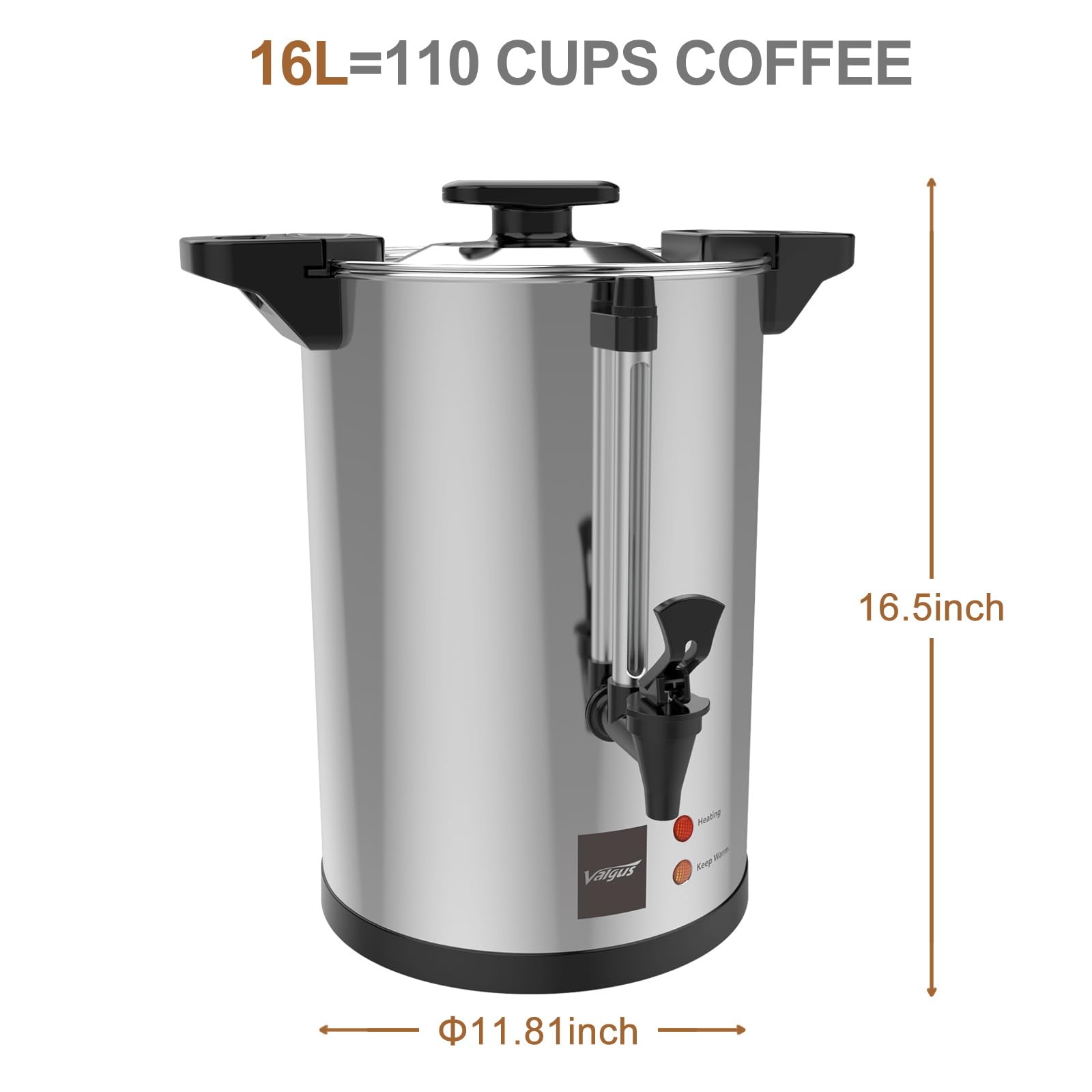 Valgus Commercial Grade 110-Cup (16L) Stainless Steel Coffee Urn with Percolator Dispenser - Fast Brewing for Large Events, Weddings, Parties & Catering | Perfect for Banquets, Church Gatherings & Office Meetings