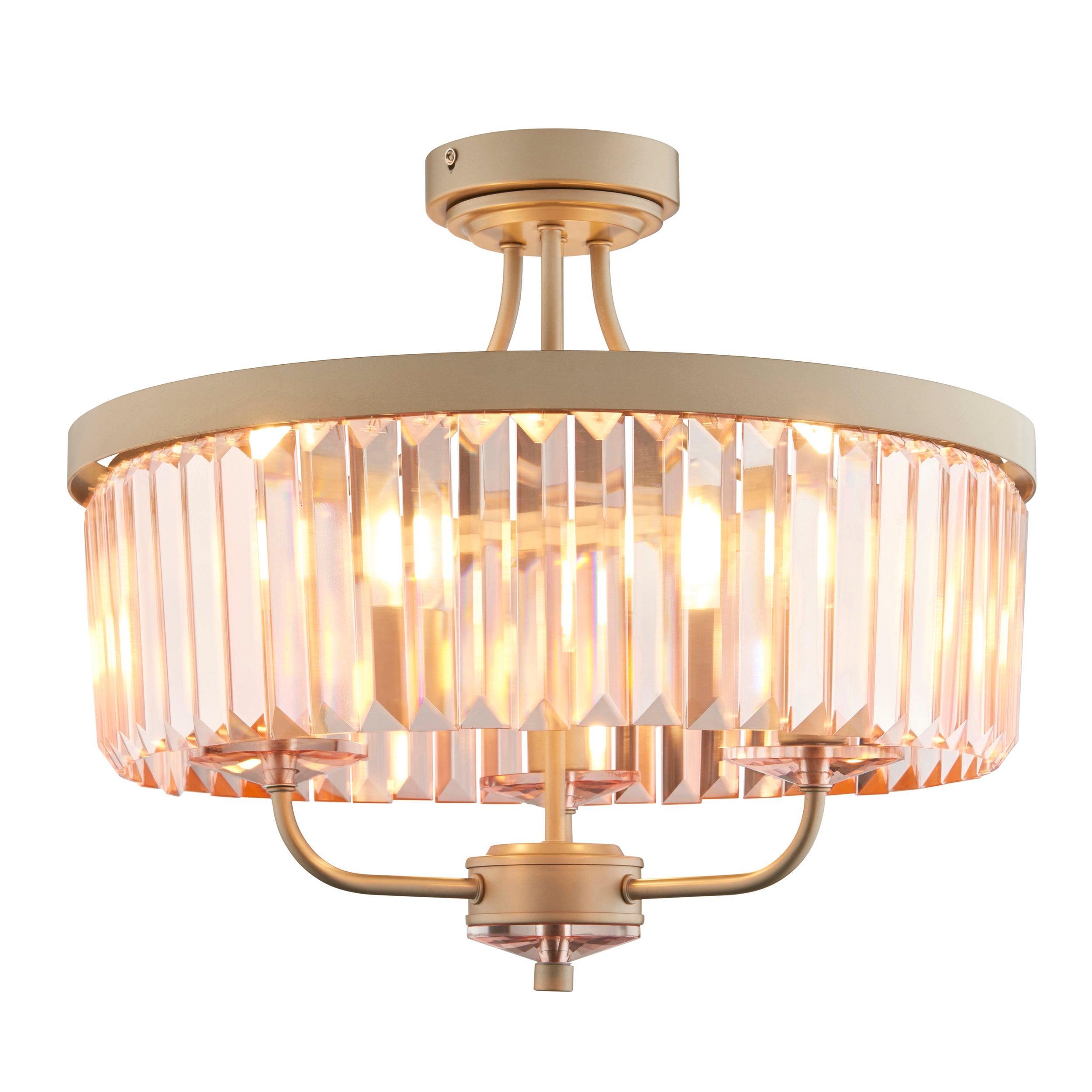 Ealing 3-Light Round Champagne & Pink Cut Glass Semi-Flush Ceiling Light - Perfect for Bedroom, Dining Room, or Entryway Lighting