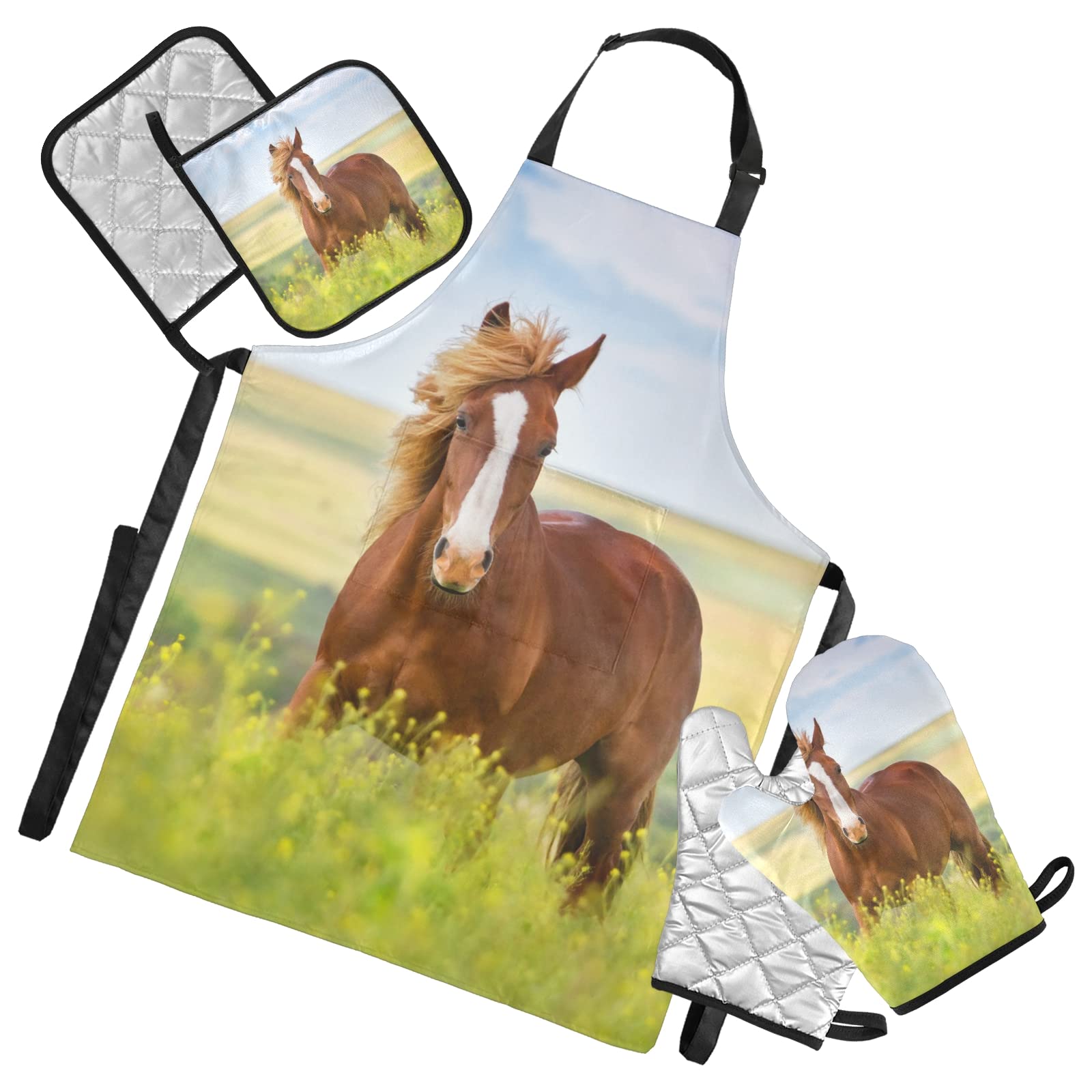 Heat Insulated 5-Piece Kitchen Set - Red Horse Apron, Oven Mitts & Pot Holder for Cooking, Baking, Grilling | Microwave Safe & Stylish Decor with Yellow Flowers Design