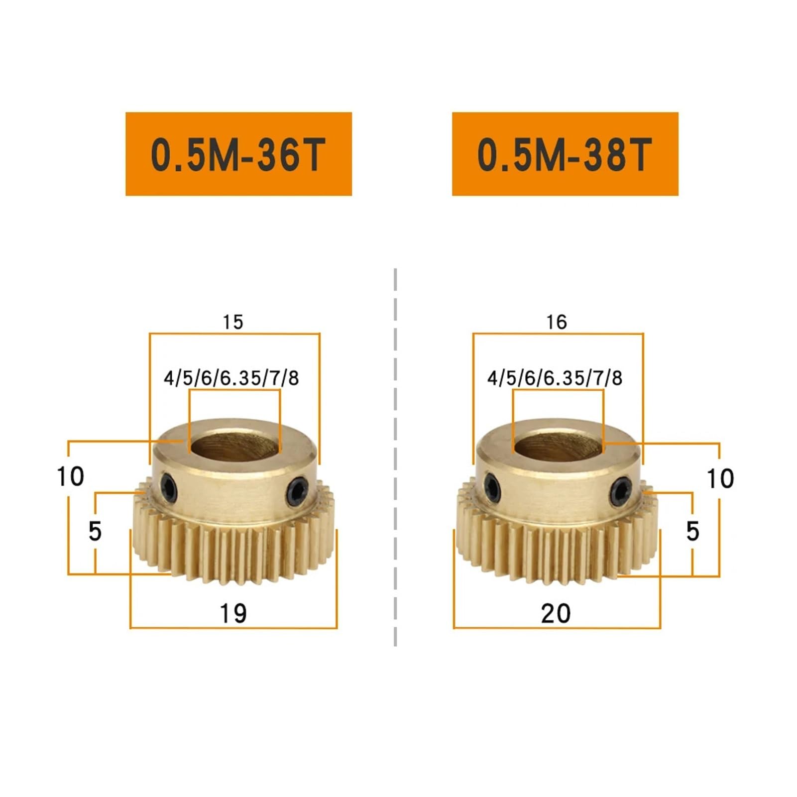1 Piece 0.5M-36T/38T Brass Spur Gear with 4/5/6/6.35/7/8mm Bore - 5mm Teeth Height for Transmission Systems | Perfect for RC Cars, Robotics, and Mechanical DIY Projects (4mm, 0.5M - 36 Teeth)