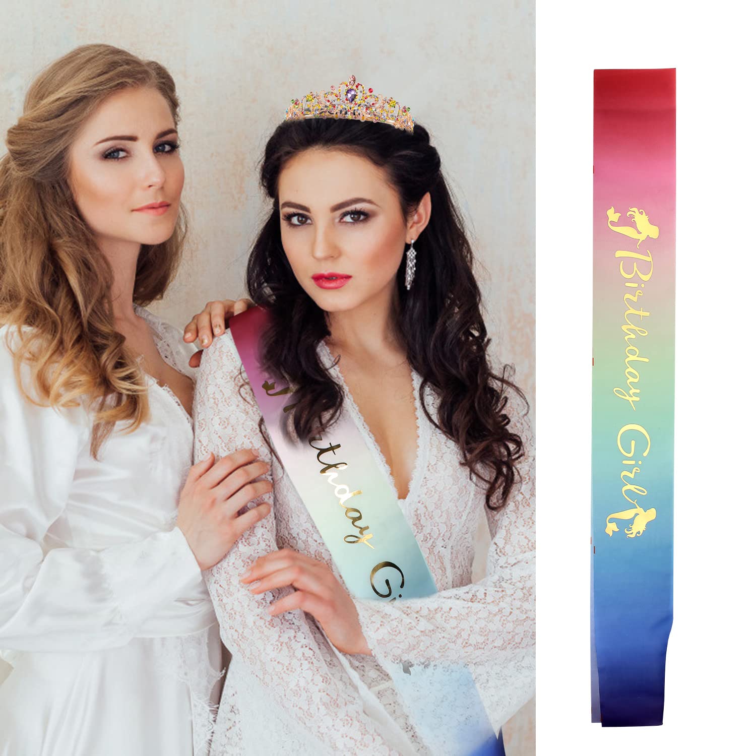 VELSCRUN Birthday Crown & Sash Set - Glitter Party Tiara & Satin Ribbon for Women's Birthday Decorations - Perfect for Birthday Parties, Bachelorette, Bridal Showers & Special Celebrations