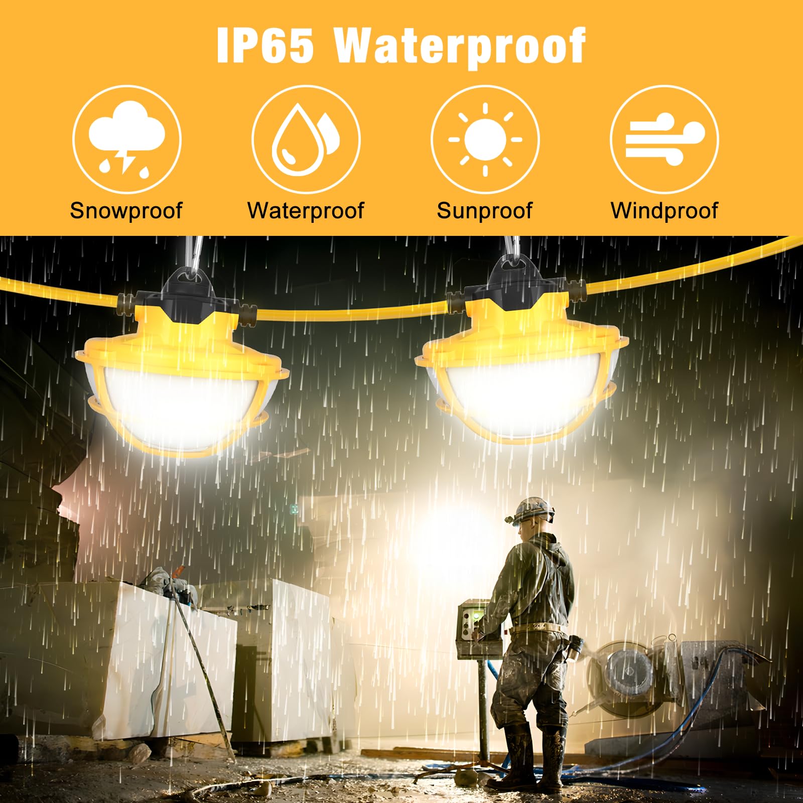 100FT Heavy Duty LED String Lights - 130W 16000LM Industrial Grade Construction Lighting with 3 Prong Plug & Protective Cages - Perfect for Job Sites, Temporary Work Areas, Outdoor Events, Backyard Parties, and Emergency Lighting