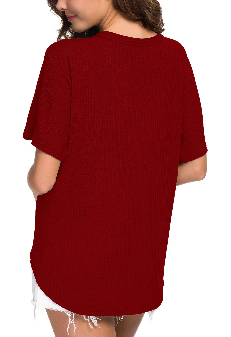 IWOLLENCE Women's Waffle Knit Tunic Blouse - Tie Knot Short Sleeve Henley Top, Loose Fit Batwing Shirt for Casual Wear, Office & Date Night Outfits