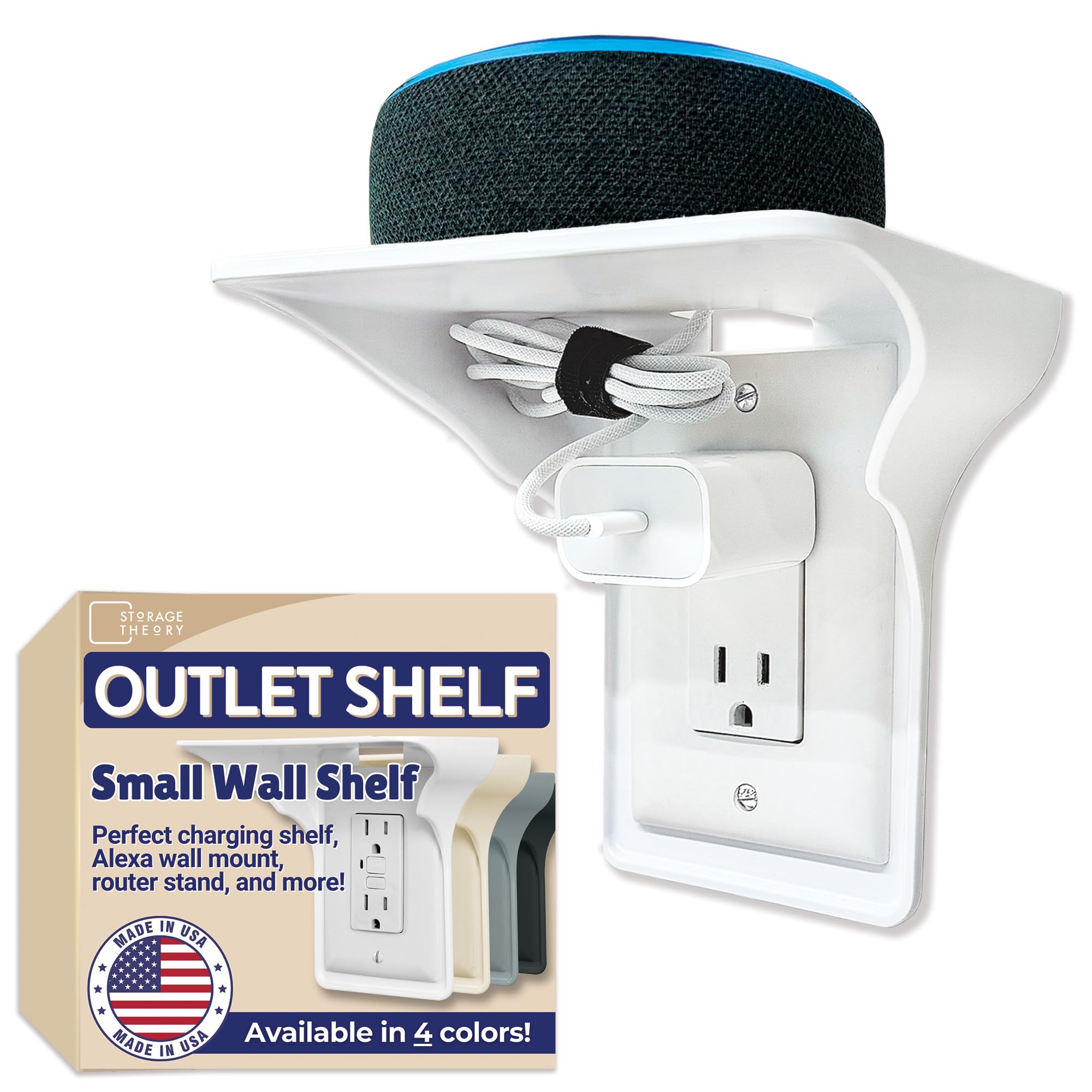 Power Perch Wall Outlet Shelf for Vertical Outlets - Cord Organizer with Velcro Strap | Perfect for Alexa Devices, WiFi Router Stand, Electric Toothbrush Holder | White Wall Shelf (1 Pack) | Ideal for Small Space Organization in Kitchen, Bathroom or Office