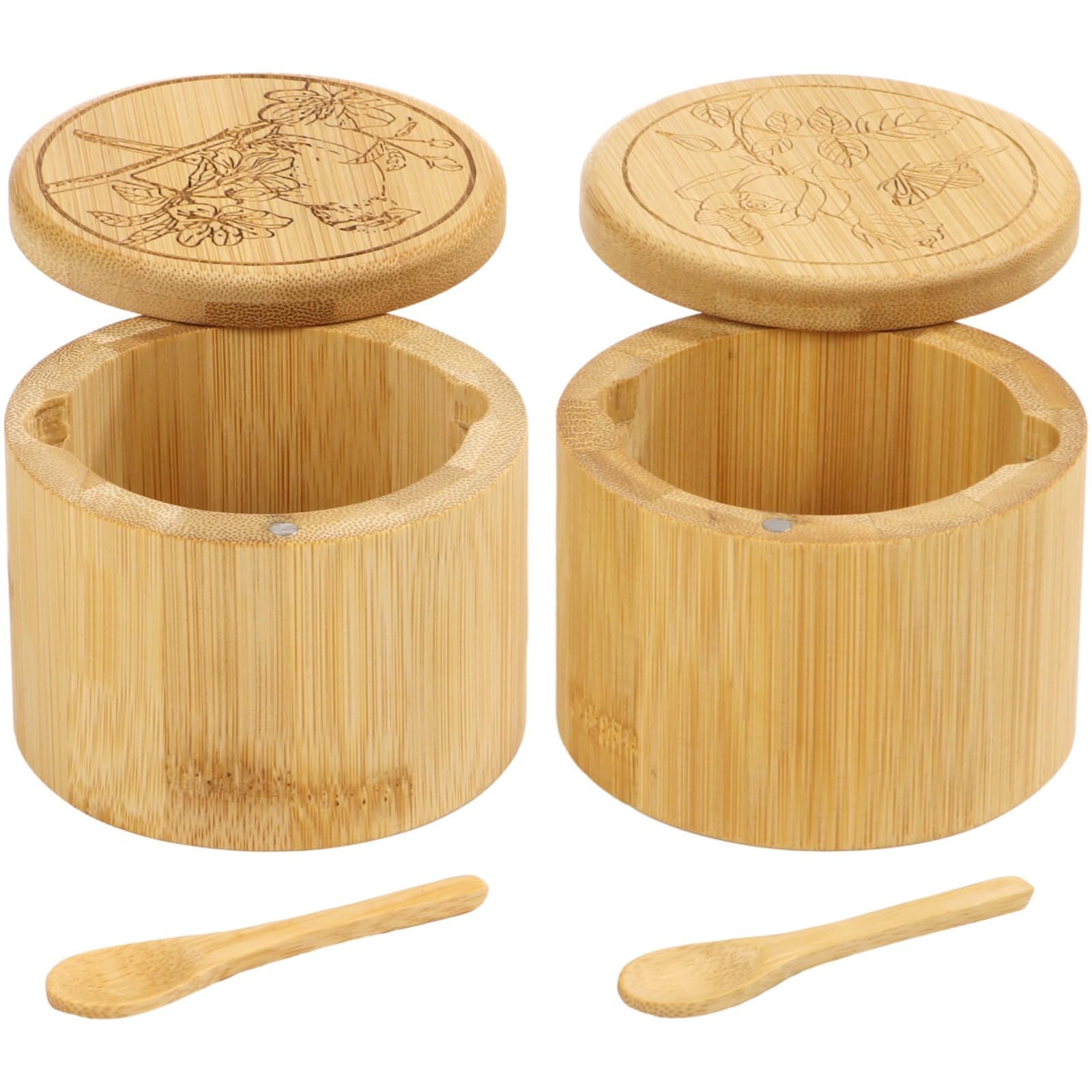 Homaisson 2-Piece Bamboo Salt and Pepper Bowls Set with Swivel Lids & Spoons - 6oz Round Seasoning Storage Containers for Salt, Pepper, Sugar & Spices - Perfect for Kitchen, Dining Table & Cooking