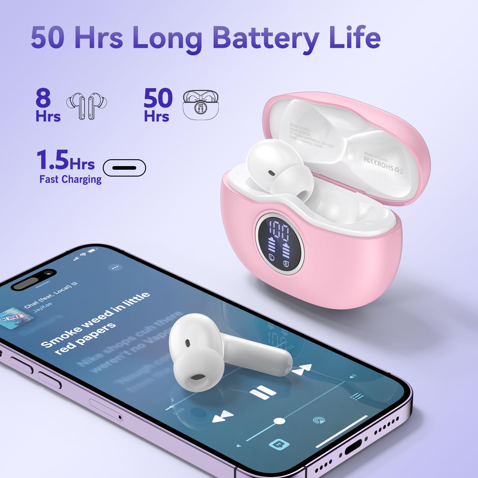 Wireless Bluetooth Headphones with 50-Hour Battery Life, Active Noise Cancelling Mic & Charging Case - Hi-Fi Stereo Sound for iPhone, Android, Workout, Travel & Gaming