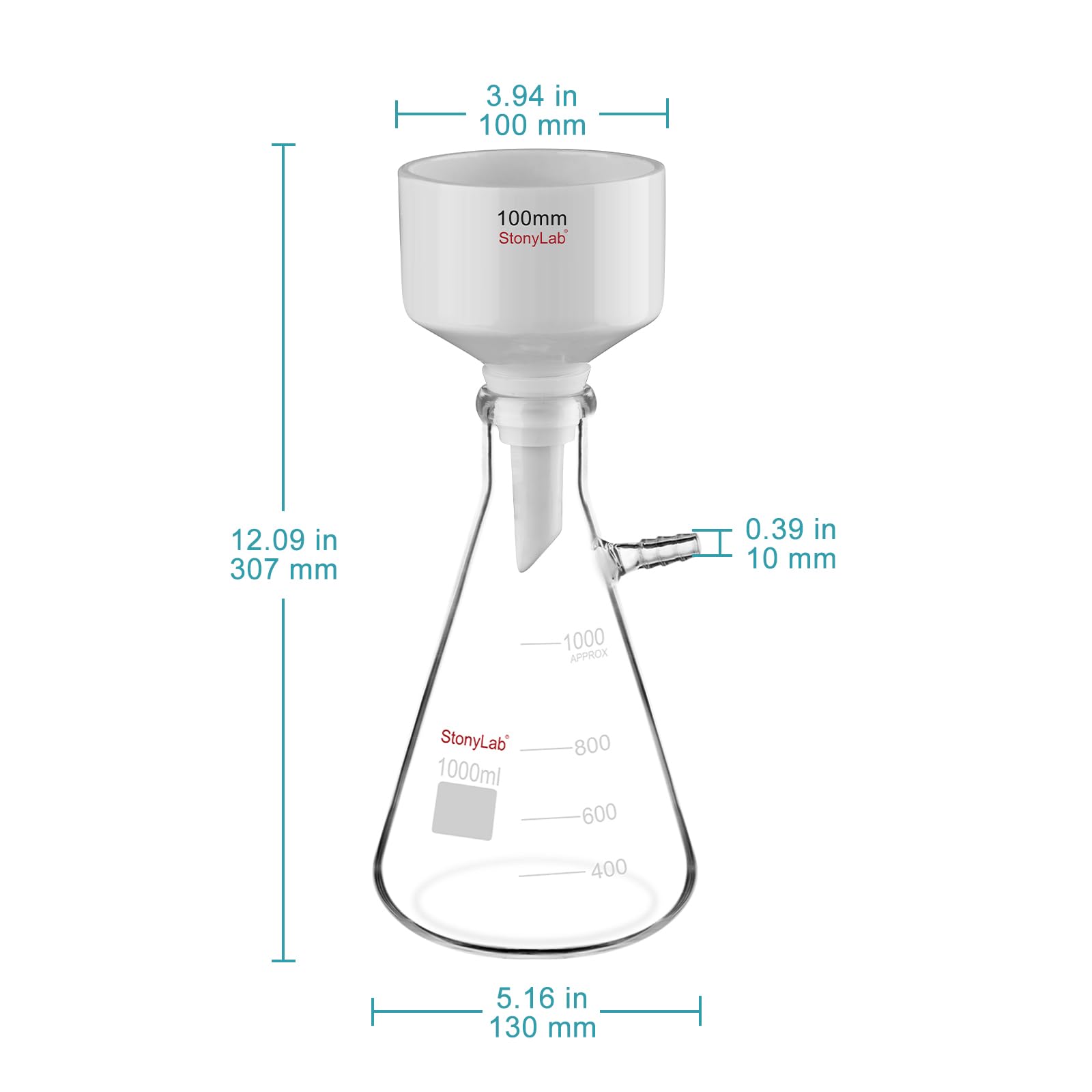 Stonylab Porcelain Buchner Funnel & 1L Heavy Duty Glass Filter Flask Set - 100mm Lab Filtration Kit with Adapter Cones for Chemistry Experiments, Vacuum Filtration & Scientific Separation