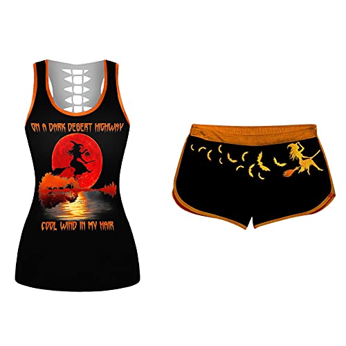 Women's Sexy Sleeveless Halloween Printed Tank Top & Shorts Set - Yellow, Medium | Sporty Casual Outfit for Halloween Parties, Costume Events & Summer Fashion