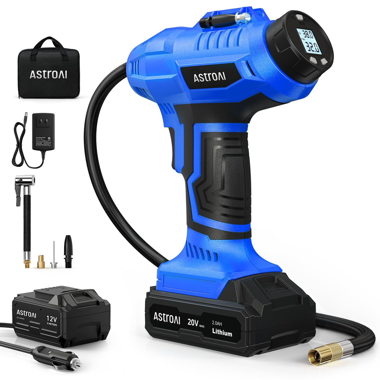 AstroAI 20V Cordless Tire Inflator Air Compressor - 160PSI Portable Rechargeable Air Pump with Digital Pressure Gauge for Cars, Motorcycles, Bikes (Includes 12V Car Adapter) - Perfect for Road Trips, Emergency Flat Tires & Home Garage Use