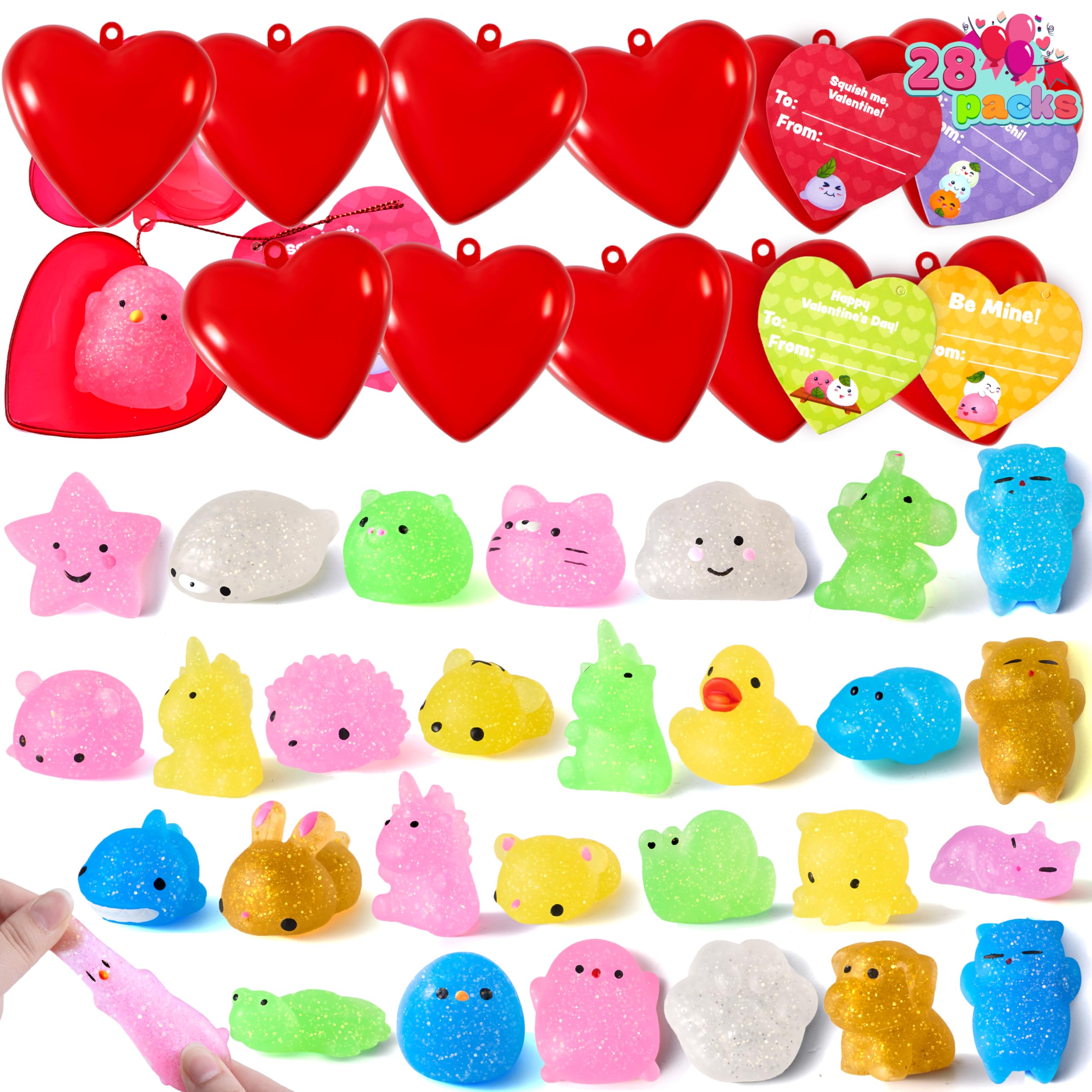 JOYIN 28 Pack Kawaii Glitter Mochi Squishy Toys with Valentine Cards & Filled Hearts - Cute Stress Relief Sensory Toys for Kids, Valentine's Day Gift Exchange, Classroom Prizes, Party Favors | Perfect for Valentine's Parties, School Events & Sensory Play
