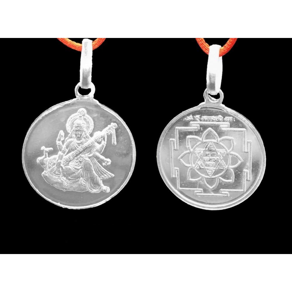 Pure 999 Silver Saraswati Yantra Pendant - Blessed & Energized Hindu Spiritual Jewelry for Meditation, Wisdom & Good Luck