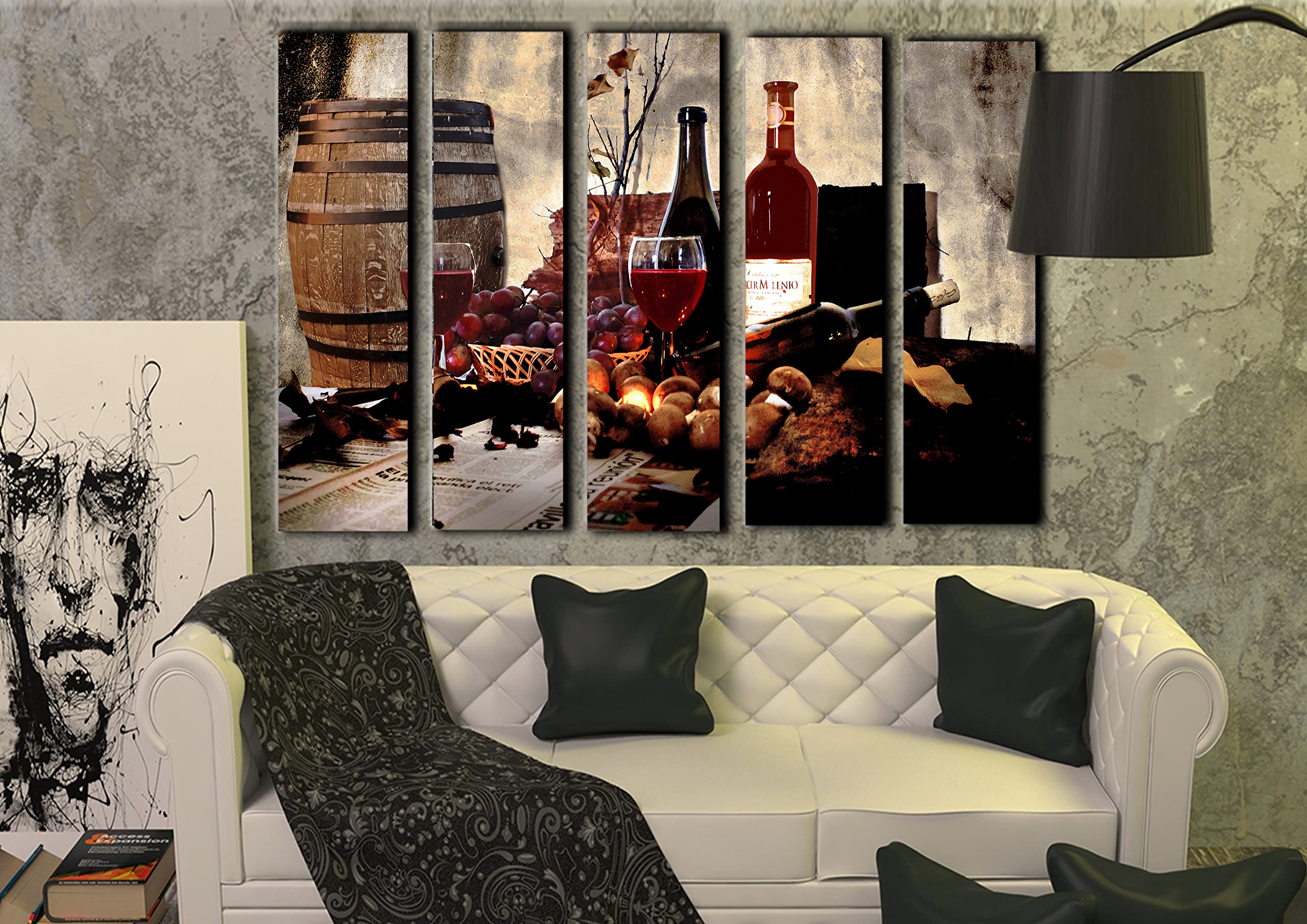 5-Piece Red Wine Barrel Wall Art Canvas Painting Set - Large 35x55 Inch Kitchen & Dining Room Decor - Rustic Wine Theme Poster Prints for Home Bar, Restaurant & Living Room Wall Decoration