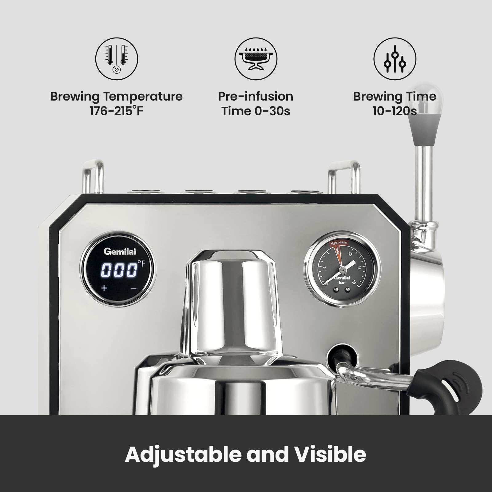 Professional 15 Bar Semi-Automatic Owl Espresso Machine with Milk Frother - 57oz Removable Water Tank & Dual Display - Perfect for Cappuccino, Latte & Espresso at Home or Office - Stainless Steel G3006 Model