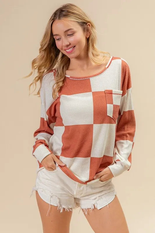 BiBi Checker Printed Hacci Top With Front Pocket - Stylish Women's Casual Knit Sweater for Fall & Winter | Perfect for Office, Date Night & Weekend Outings