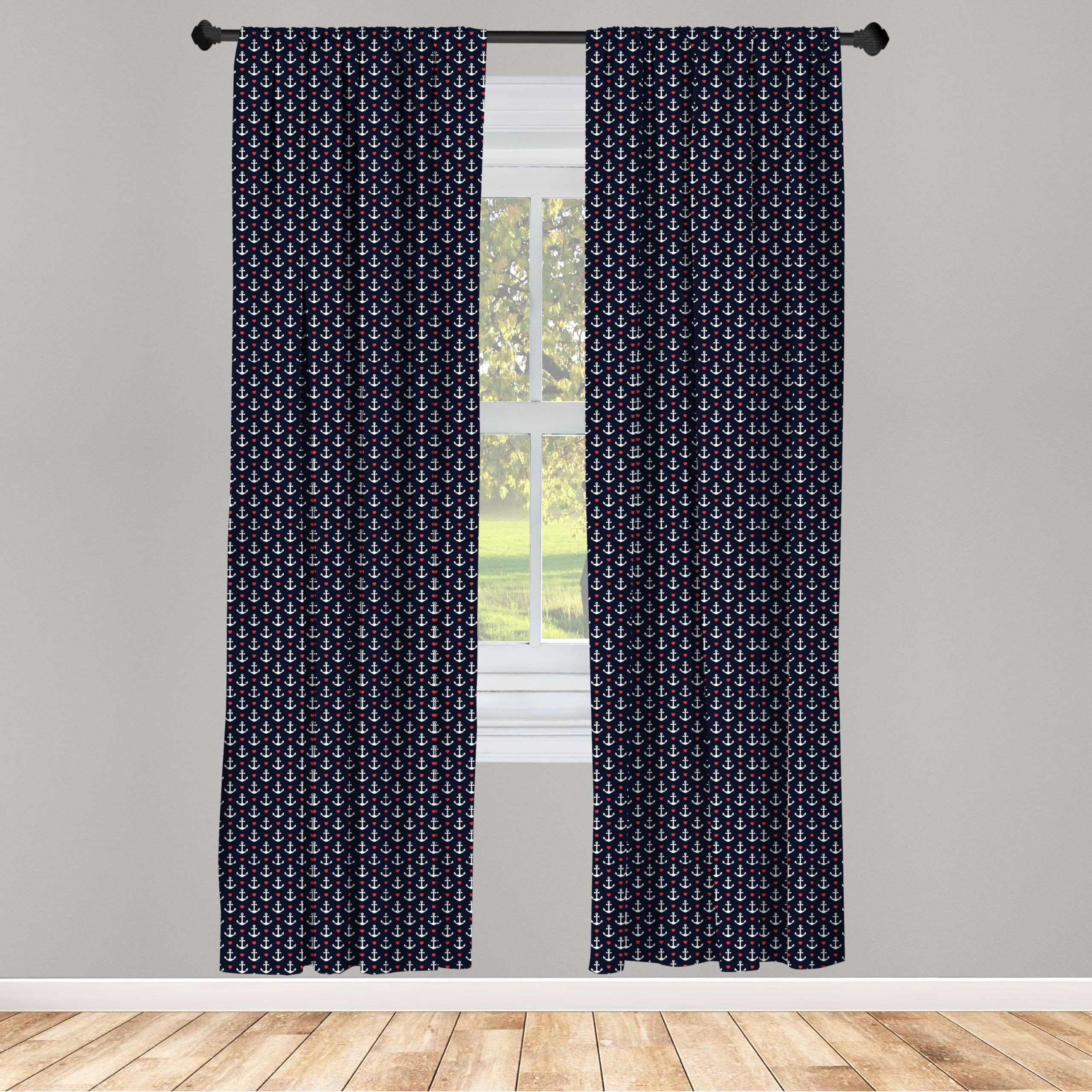 Ambesonne Nautical Anchor Window Curtains - Black White Red Striped with Small Anchors & Hearts, Lightweight 2-Panel Set (28x63 inches) for Bedroom, Living Room & Vacation Home Decor - Rod Pocket Design for Easy Hanging