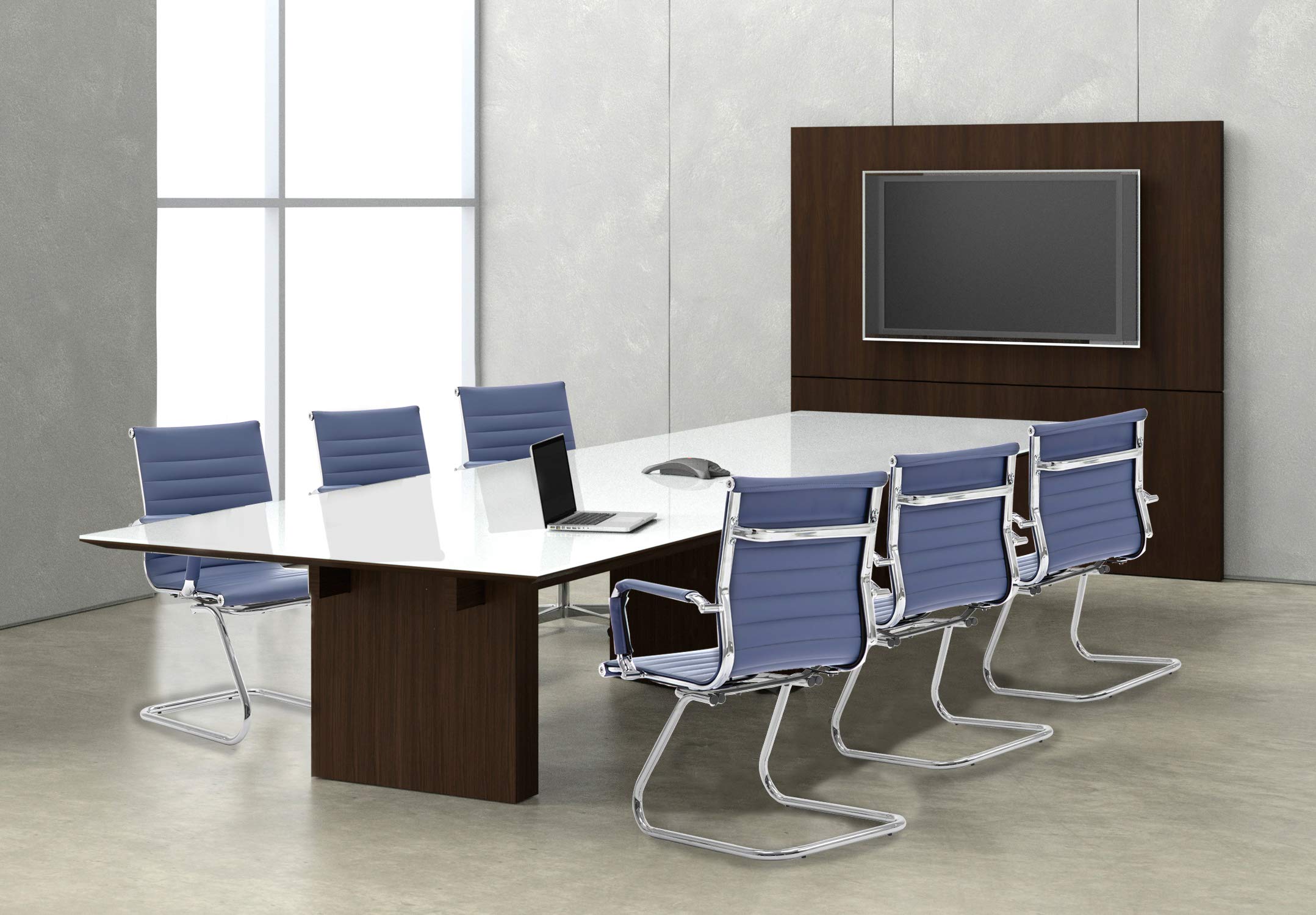 Guyou Mid Back PU Leather Office Reception Guest Chair with Metal Leg Sled Base - Navy Blue Conference Room Chairs (Set of 2) for Waiting Areas, Lobbies & Meeting Rooms