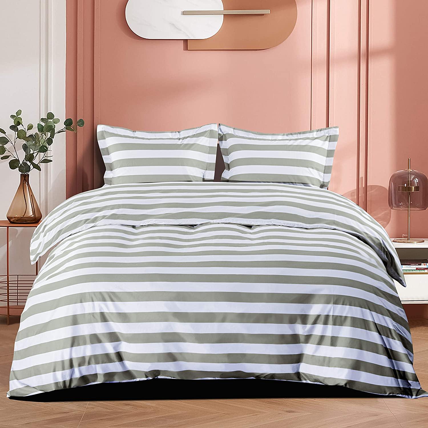 NTBAY 3-Piece Microfiber Duvet Cover Set - Smoke Gray & White Striped Pattern - Soft, Breathable & Wrinkle-Resistant - Perfect for Bedroom, Guest Room & Dorm Decor