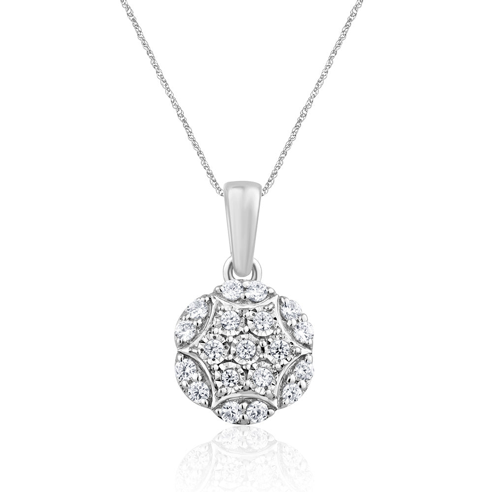9ct White Gold Flower Cluster Diamond Pendant Necklace - 45cm Chain for Women, Elegant Jewelry Gift for Anniversary, Valentine's Day & Special Occasions