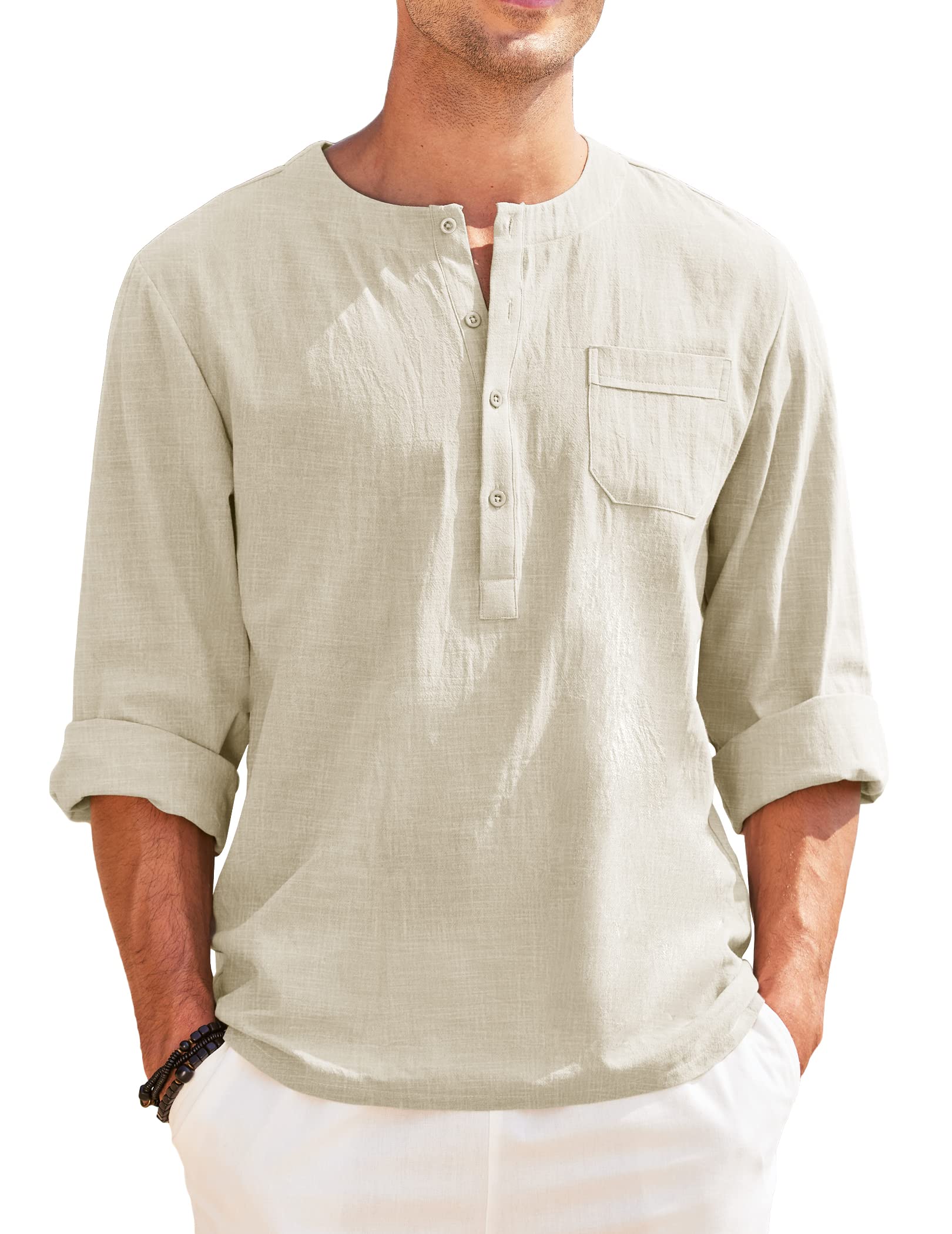 COOFANDY Men's Linen Henley Shirt - Long Sleeve Casual Button Down Shirt for Beach, Wedding & Summer Outfits | Breathable Hippie Style Top for Relaxed & Boho Fashion
