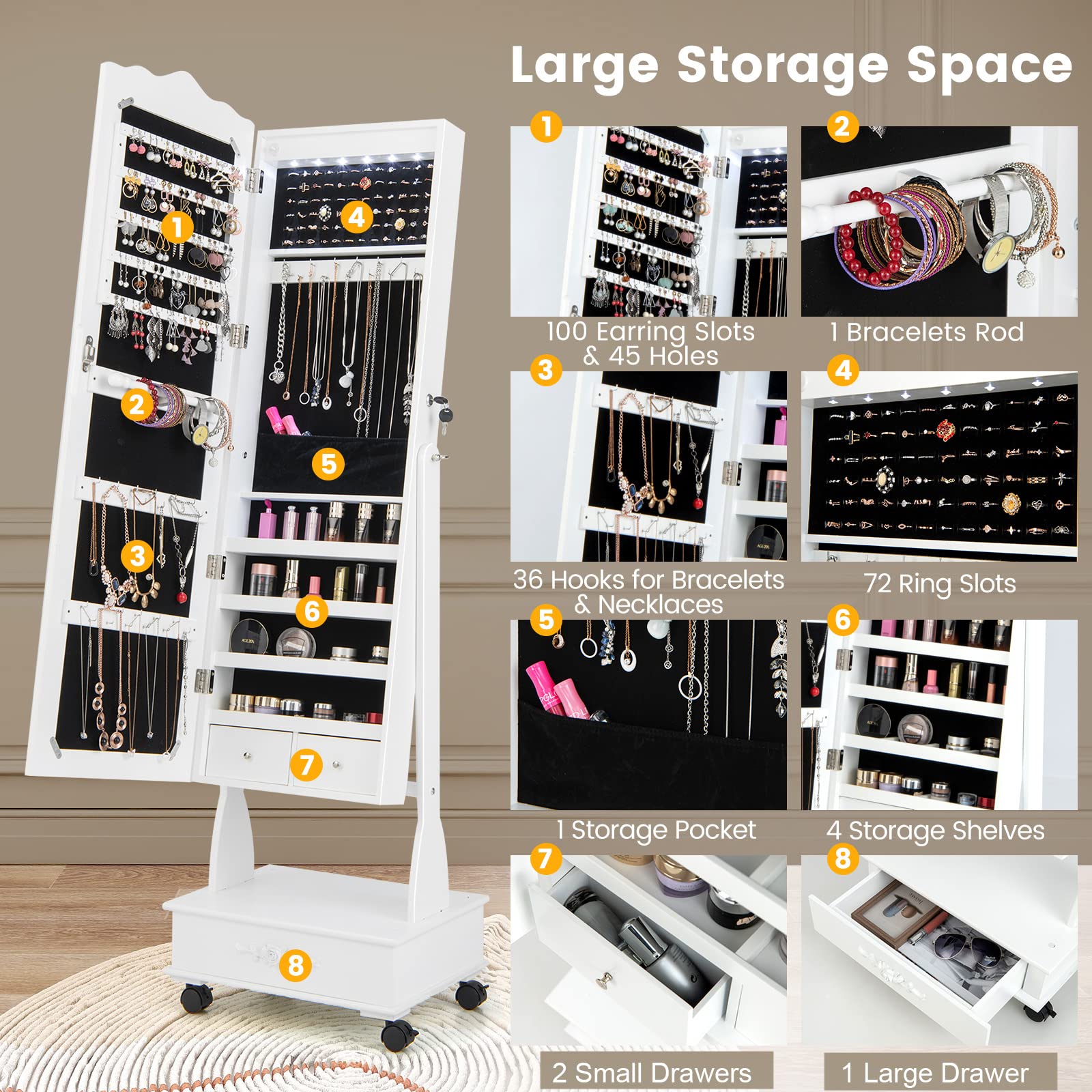 CHARMAID Rolling Jewelry Armoire with Full-Length Mirror - Lockable Standing Jewelry Cabinet with LED Lights & Wheels - 10-Drawer Jewelry Organizer with Storage - White - Perfect for Bedroom, Closet & Dressing Room Organization