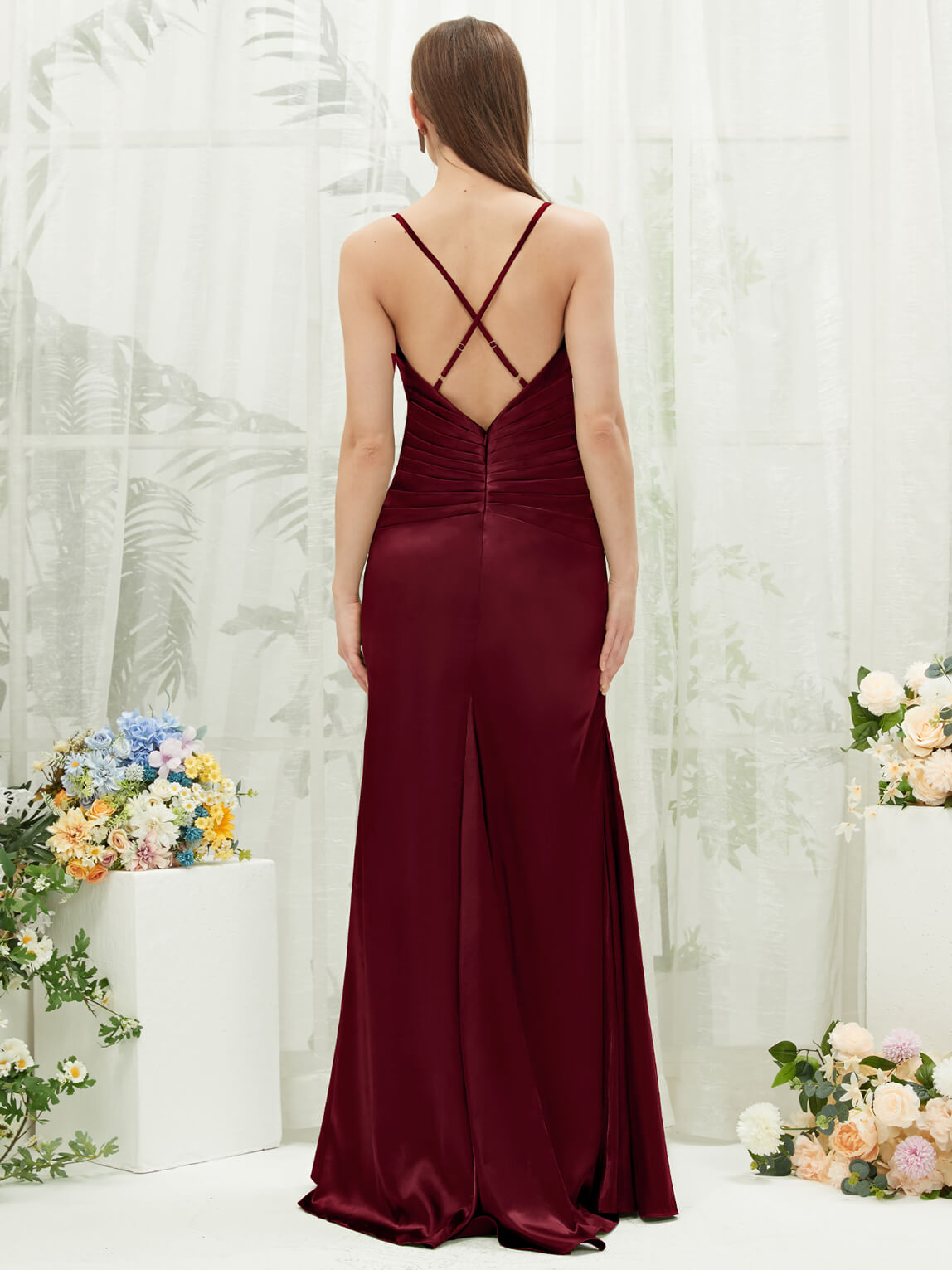 Elegant Burgundy Satin Cowl Neck Backless Long Bridesmaid Dress with Adjustable Straps - Perfect for Weddings, Formal Events & Evening Parties