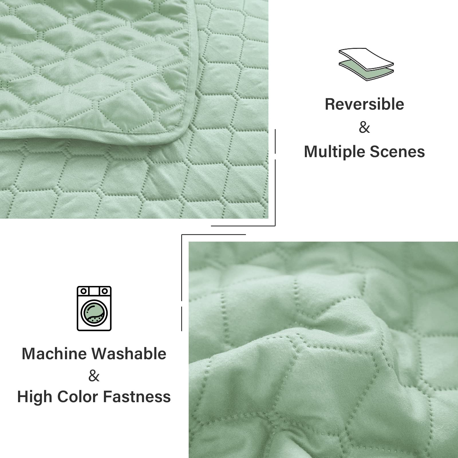 Reversible Ultrasonic Full/Queen Quilt Bedding Set with Pillow Shams - Lightweight All-Season Soft Bedspread Coverlet (Light Green, 90