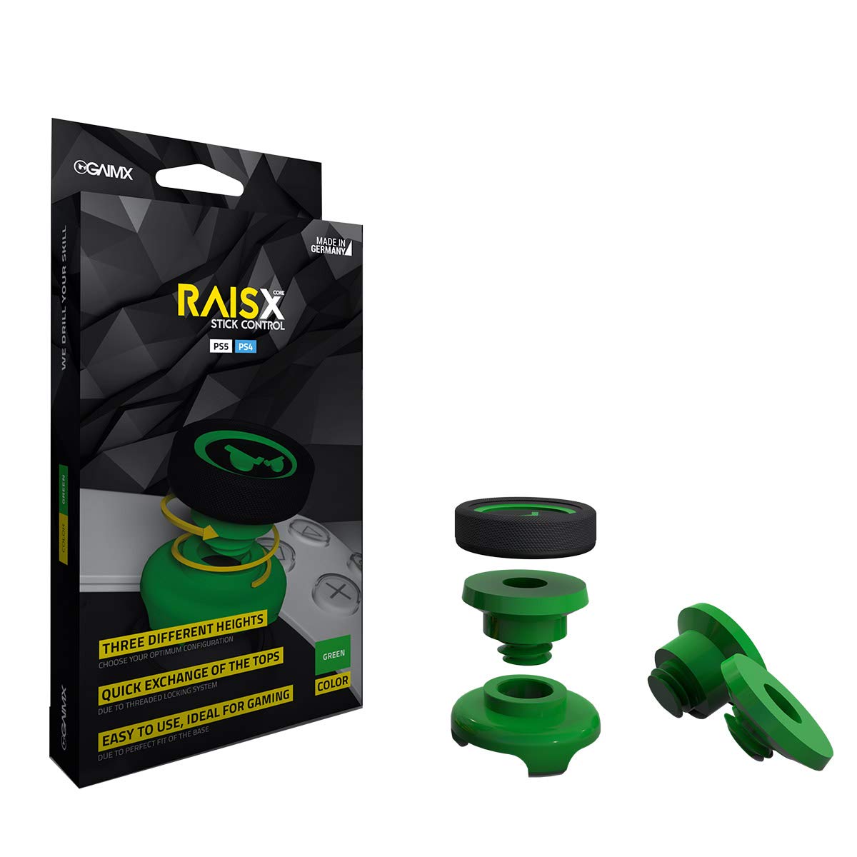 GAIMX RAISX CORE PS5 PS4 Thumbstick Extender - Aim Assist Controller Grip - Height Adjustable Joystick Caps for Playstation 4 & 5 (3 Sizes, Green) - Improve FPS Gaming Accuracy for Call of Duty & Fortnite