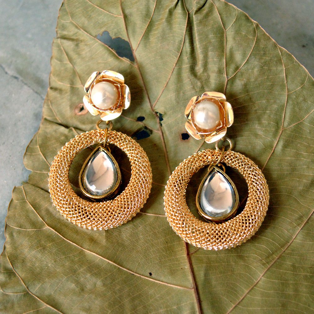 Golden Floral Stud with Pearl Hoop Mesh Earrings - Dangling Drop Shape Kundan Hoop - Bollywood Designer Indian Jewelry Set for Women - Perfect for Weddings, Parties & Festive Occasions