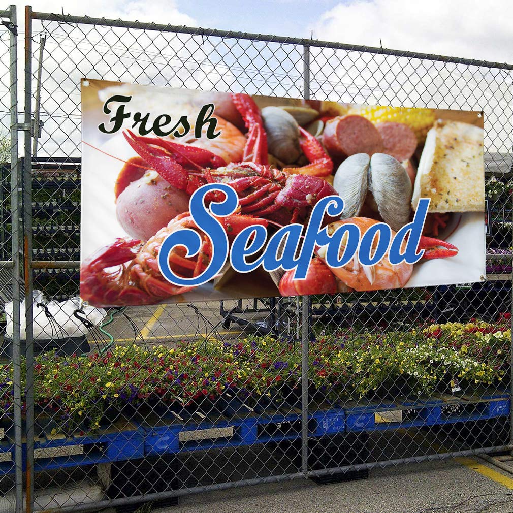 Premium Vinyl Banner - 48x96 Inches with 8 Grommets | Weatherproof Outdoor Advertising Sign for Fresh Seafood, Food & Beverage, Industrial Yard | Durable Orange Vinyl for Restaurants, Markets & Outdoor Events