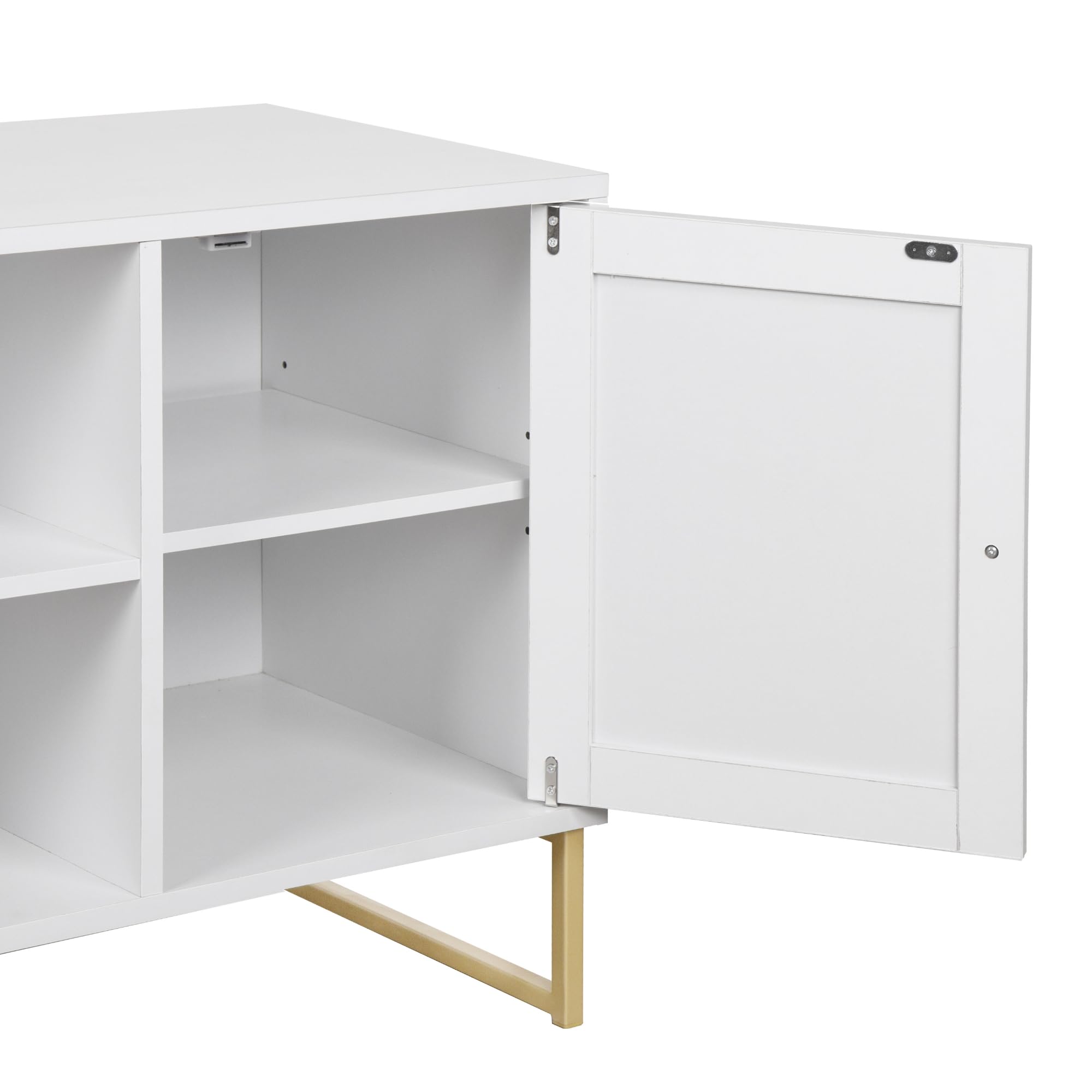 Nathan James Mina Modern TV Stand with Rattan Storage Doors - Matte White & Gold Entertainment Console for Living Room & Media Room | Stylish TV Cabinet with Brass Accents for Home Theater Setup