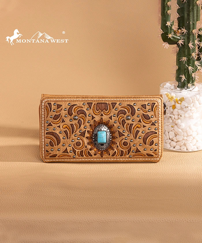 Montana West Cut Out Embroidered Concho Wallet for Women - Western Style Leather Bifold Wallet with ID Window - Perfect for Cowgirl Fashion, Rodeo Events and Everyday Use