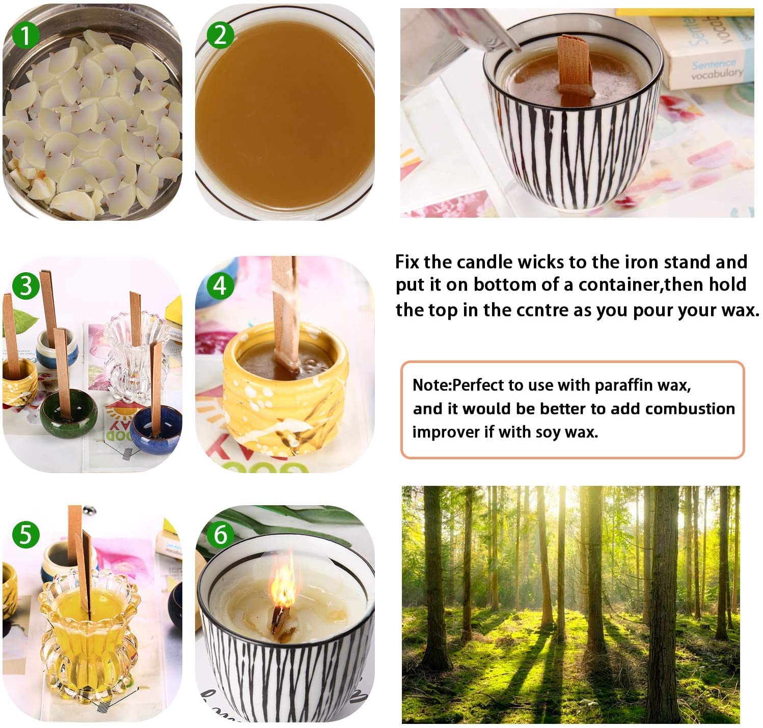 Premium 6 Inch Wooden Candle Wicks for DIY Candle Making - Crackling Wood Wicks, Smokeless & No Base (0.020