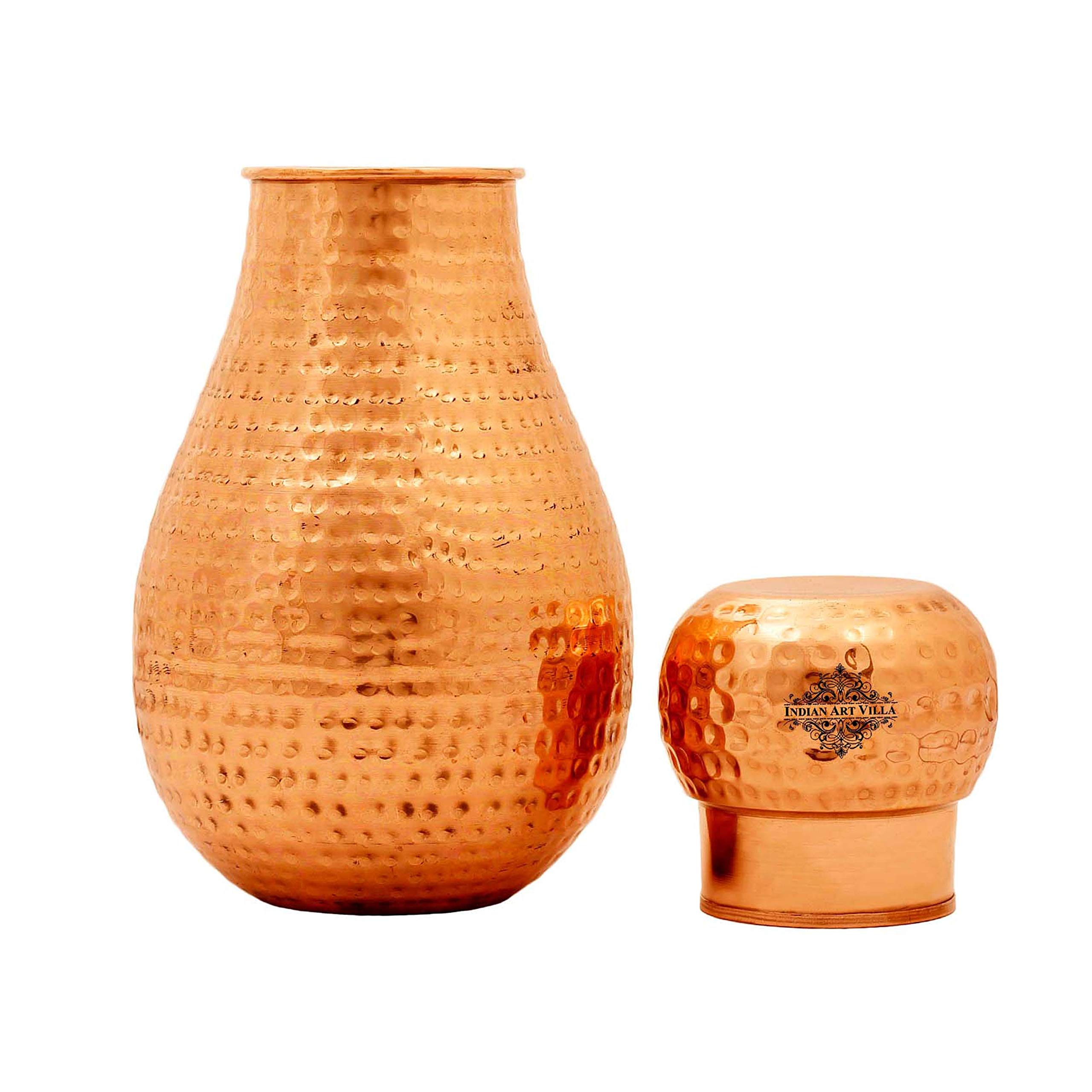 Pure Copper Water Bottle with Inbuilt Glass & Hammered Matka Design - 54 Oz (Pack of 2) | Aesthetic Drinkware for Bedroom, Office & Travel | Ayurvedic Copper Storage Vessel for Healthy Hydration