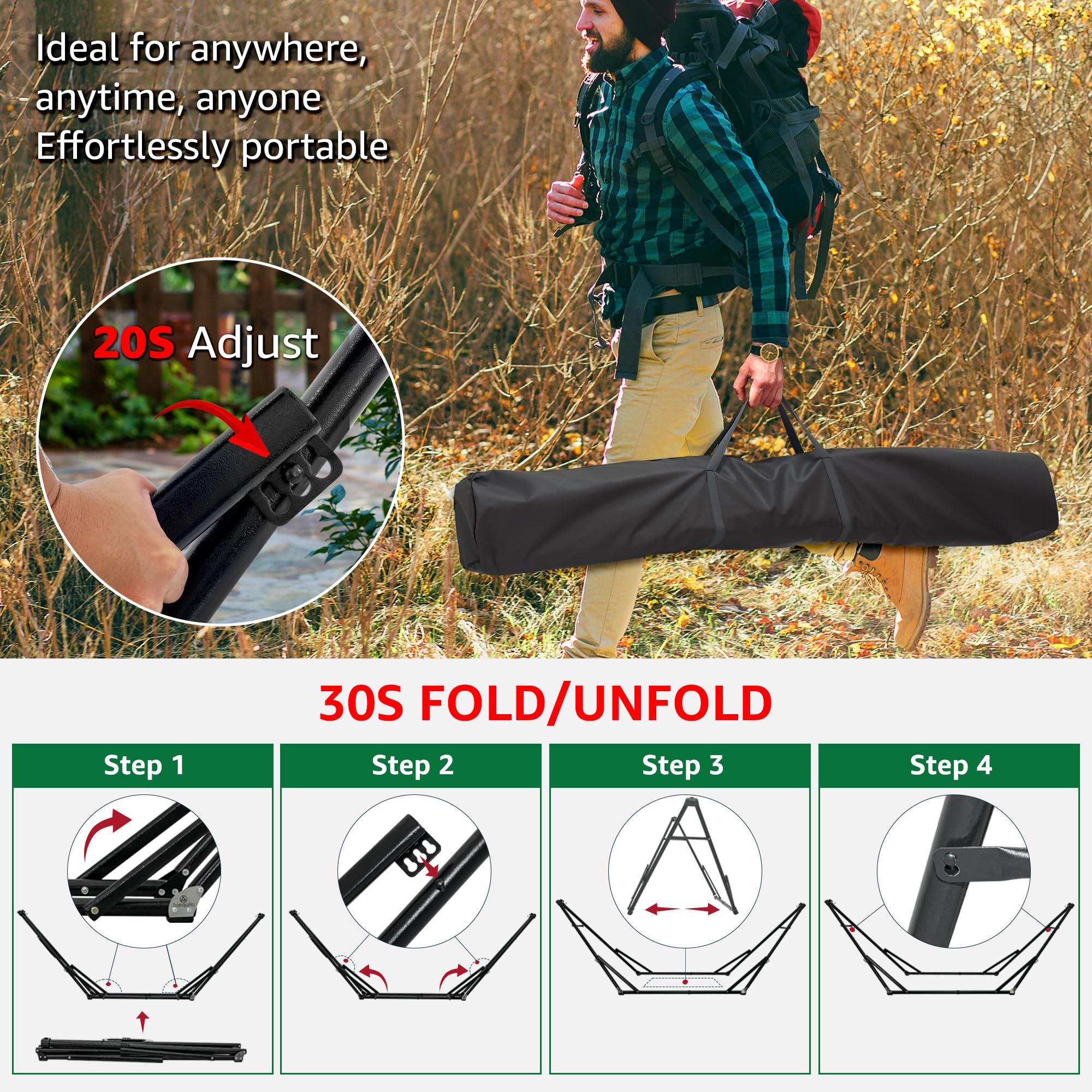 Tranquillo Unity Adjustable & Collapsible Hammock Stand with 800 lbs Capacity - Steel Double Hammock Stand for 2 Persons, Black - Perfect for Backyard, Camping, Beach & Outdoor Relaxation