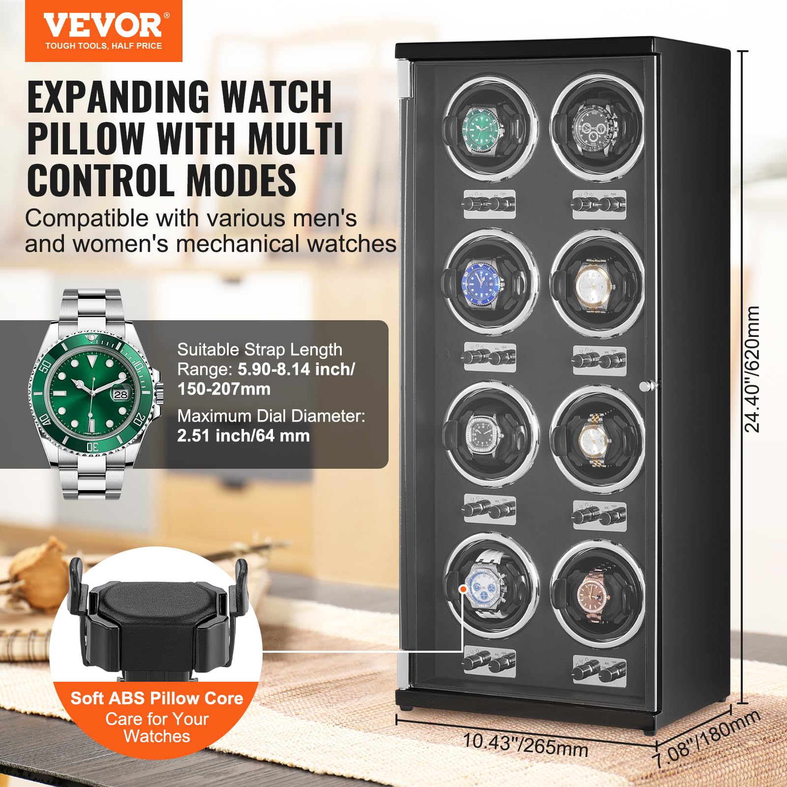 VEVOR 8 Watch Winder Box for Automatic Watches - Quiet Japanese Motor, LED Light, Adjustable Speed & Direction - Perfect for Rolex, Omega Luxury Watch Storage & Display (Black) | Home Office & Travel Use