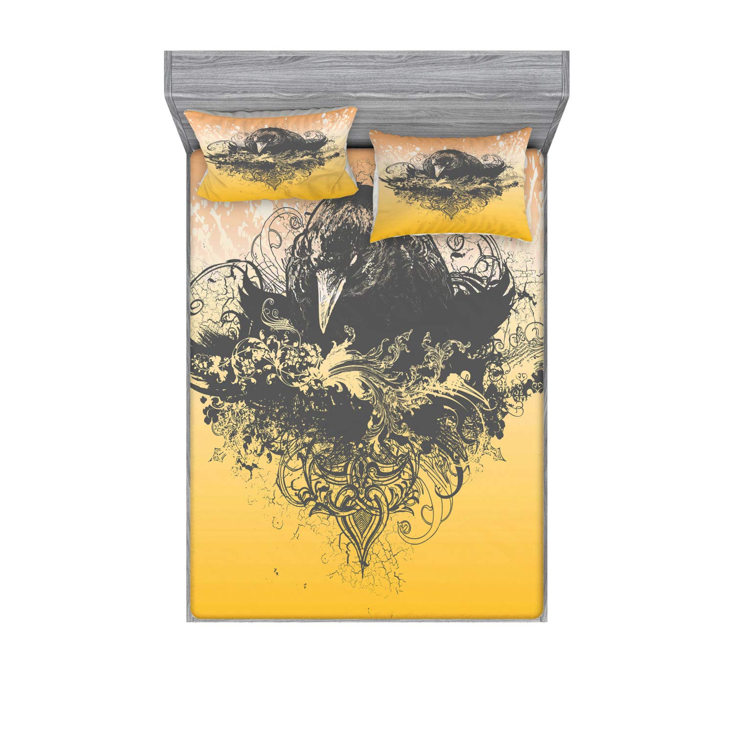 Ambesonne Halloween Bedding Set - Queen Size Black Fitted Sheet & Pillow Sham with Wicked Crow and Floral Print, 3-Piece Gothic Decor (Black & Mustard) | Perfect for Spooky Bedroom Decor, Themed Parties, and Gothic Home Aesthetics