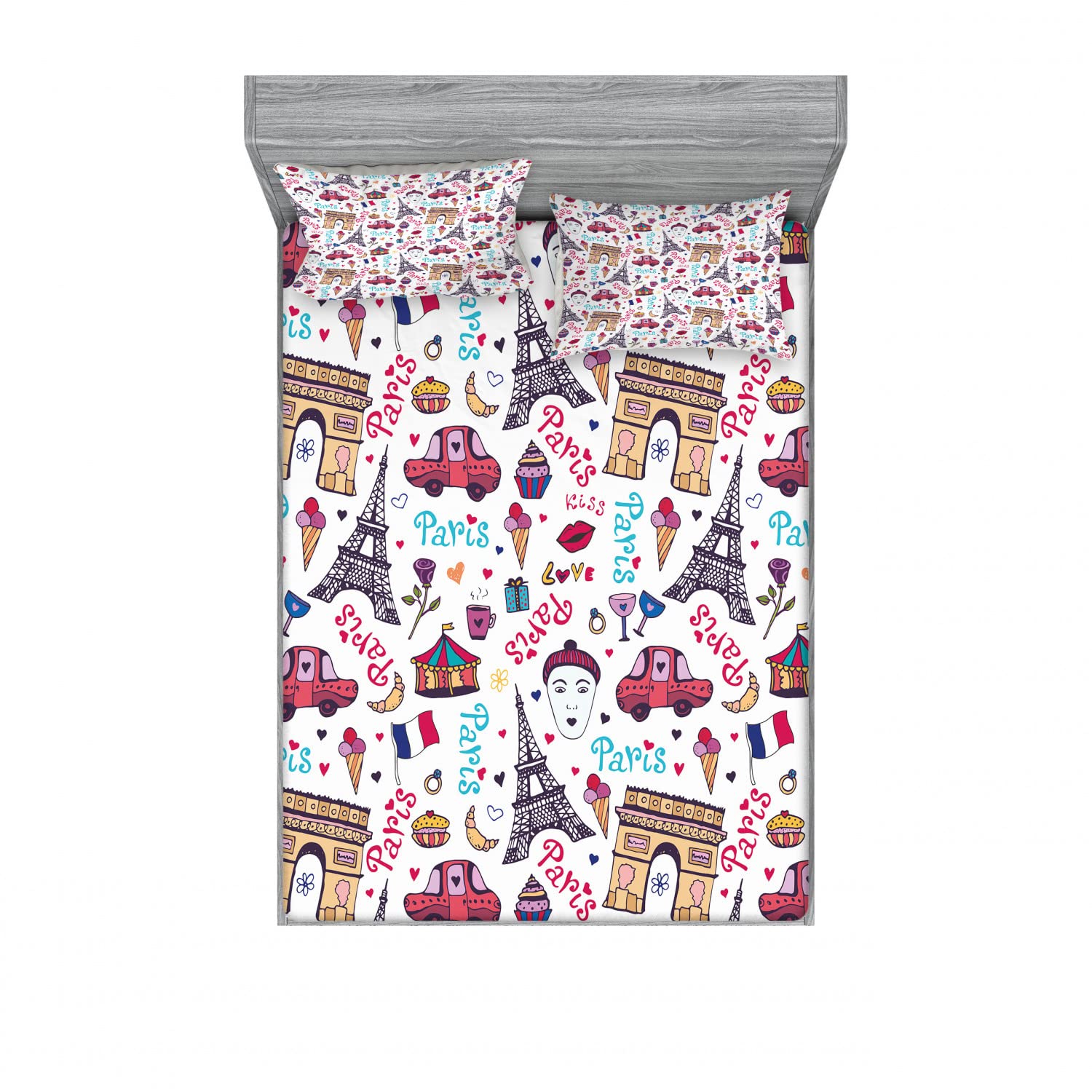 Ambesonne Paris 2-Piece King Size Fitted Sheet Set with 4 Pillow Shams - Cartoon Car Eiffel Tower Wine Rose Design, Multicolor Luxury Bedding for Master Bedroom & Guest Room Decor