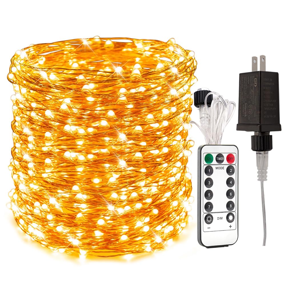600 LED 200FT Warm White Plug-in Fairy Lights - Waterproof Copper Wire String Lights with Remote for Christmas Tree, Bedroom, Porch, Patio, Garden, Wedding & Party Decor | Indoor & Outdoor Use