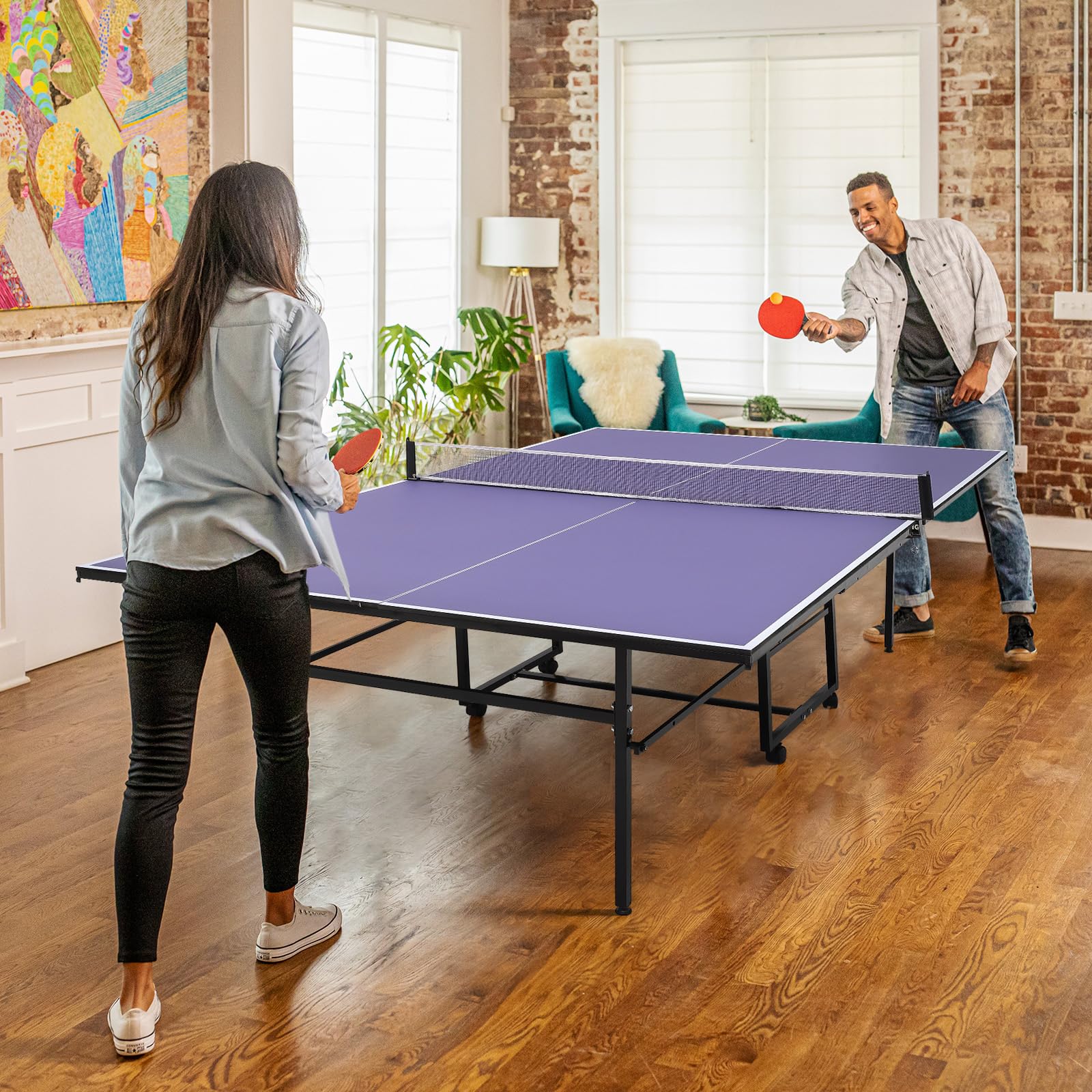 Professional Full-Size 9' x 5' Folding Ping Pong Table with Net & Wheels - Indoor/Outdoor Tennis Table with Single Player Playback Mode for Easy Storage & Movement | Perfect for Home, Gym, Office & Backyard Games