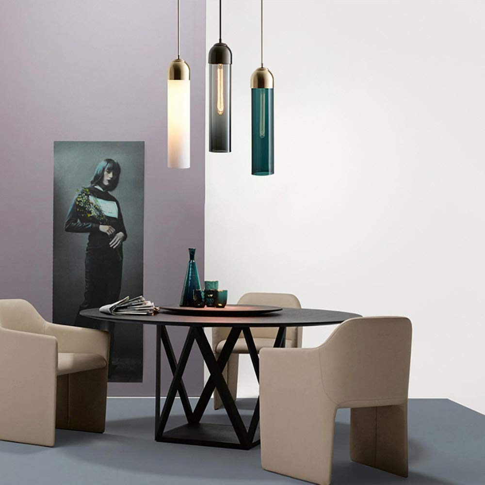 Modern Kitchen Island Pendant Light - Cylindrical Glass Chandelier with Flute Bulb Socket, Smoke Gray | Stylish Ceiling Lighting for Dining Room, Living Room & Bedroom Decor