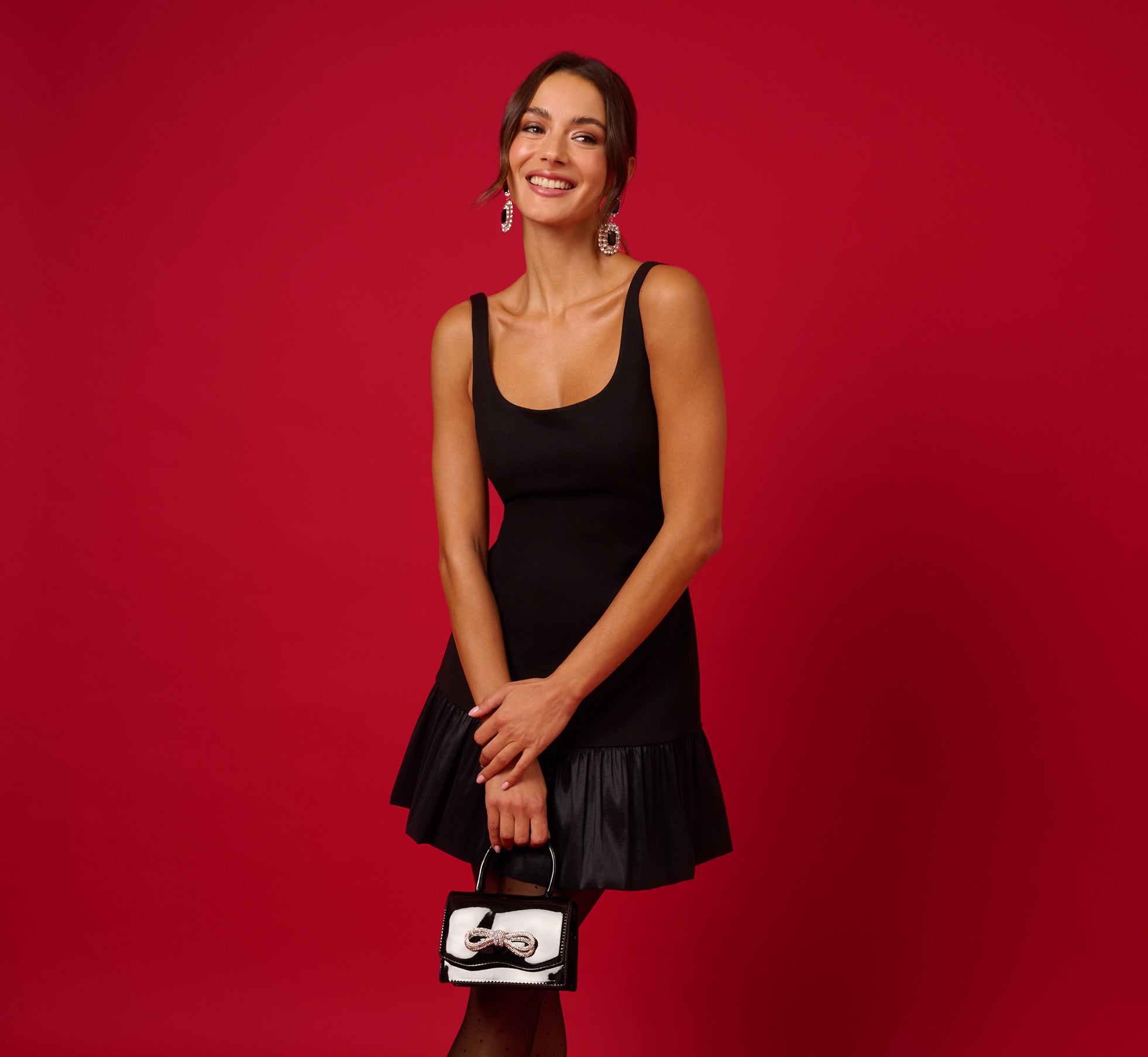 Black Ponte Taffeta Drop Waist Flounce Dress - Elegant Cocktail Party & Evening Formal Wear for Women