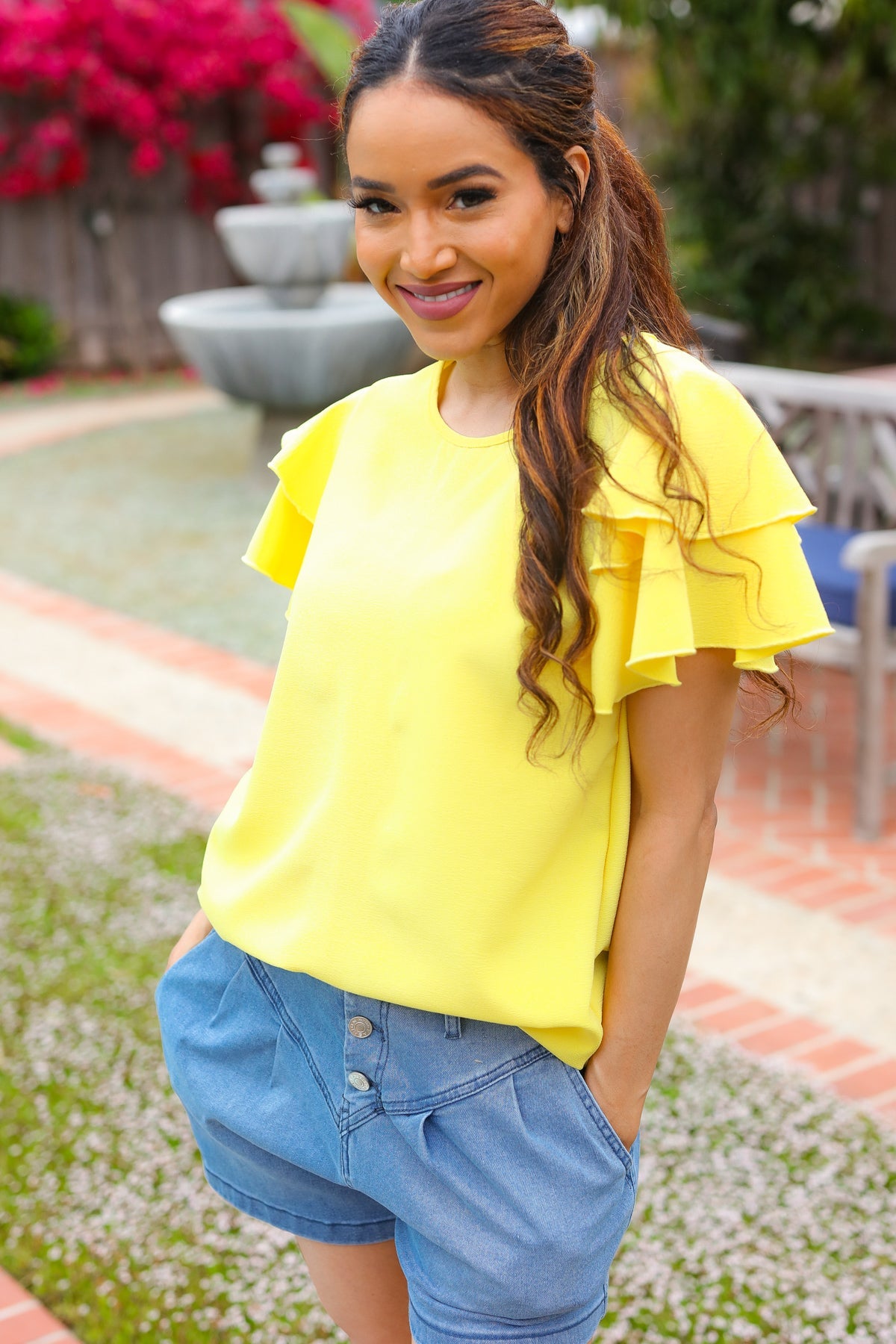 Stylish Yellow Tiered Double Ruffle Sleeve Blouse for Women - Perfect for Spring Outfits, Date Nights & Office Wear