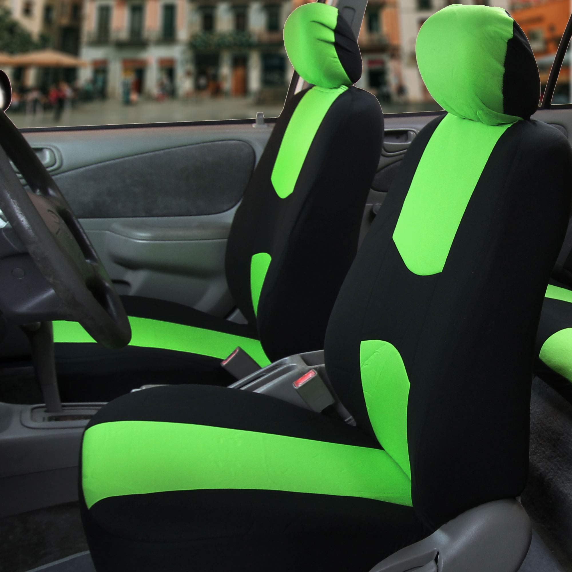 FH Group Universal Fit Car Seat Covers Full Set - Breathable Cloth Seat Protectors for SUV, Sedan & Van | Front Low Back & Solid Back Covers | Machine Washable Automotive Accessories | Perfect for Daily Commute, Road Trips & Family Protection (Green)