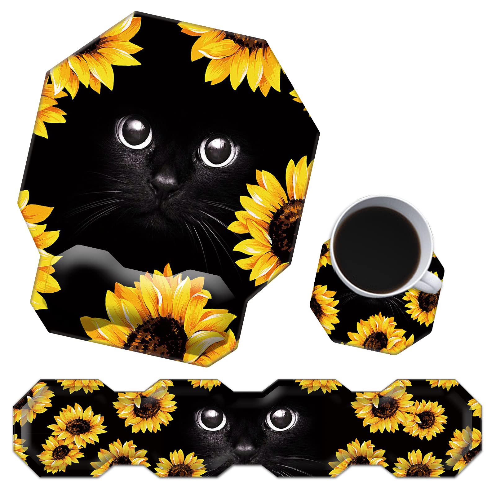 Ergonomic Keyboard Wrist Rest & Mouse Pad Support Set with Memory Foam - Pain Relief for Gaming, Typing & Office Work - Black Cat Sunflowers Design for Comfort & Style