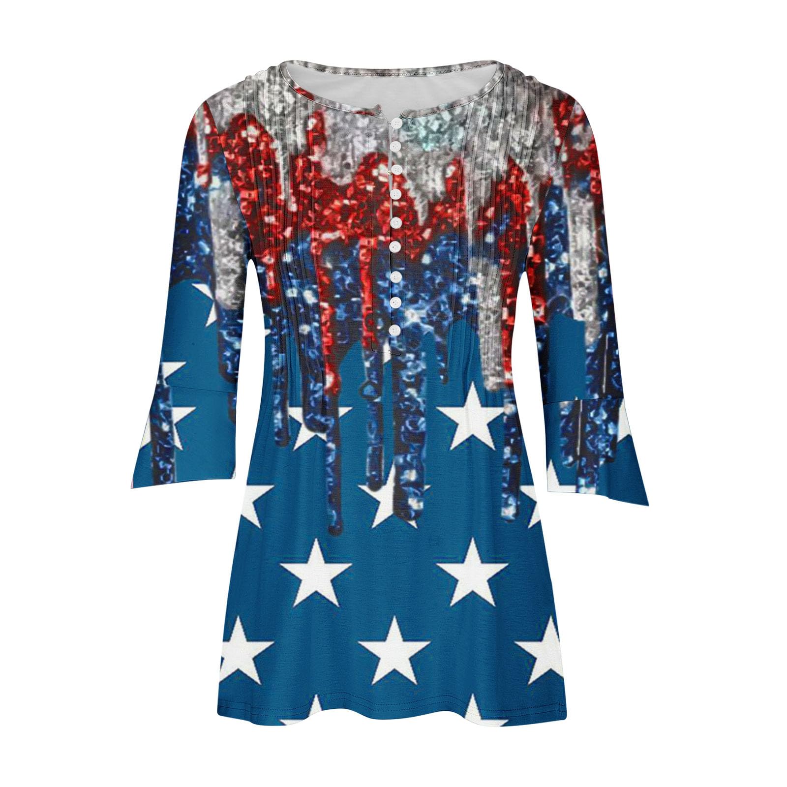 Women's American Flag T-Shirt - 3/4 Sleeve V-Neck Patriotic Blouse - Casual Button Down Tunic Top for 4th of July, Memorial Day & Everyday Wear