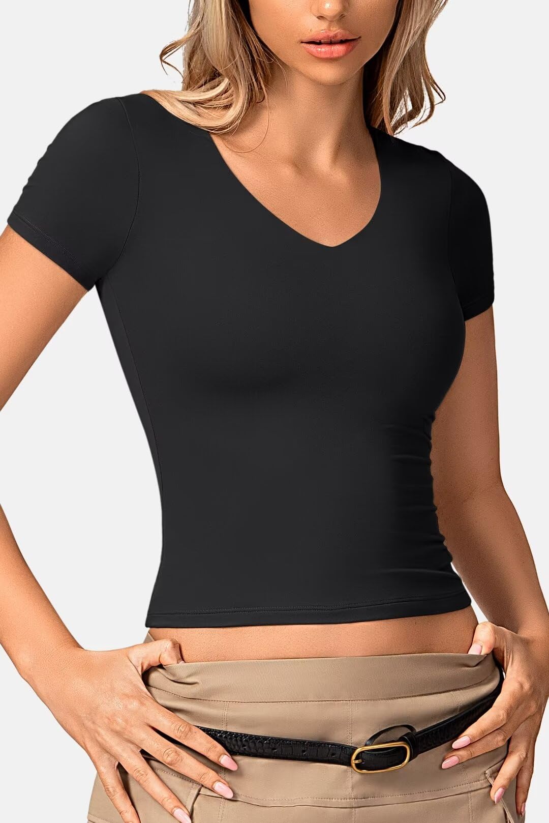 Vertvie Women's Sexy V-Neck Double-Lined Slim Fit T-Shirt - Y2K Tight Basic Tee for Women, Short Sleeve Going Out Crop Top | Perfect for Clubbing, Date Night & Summer Outfits