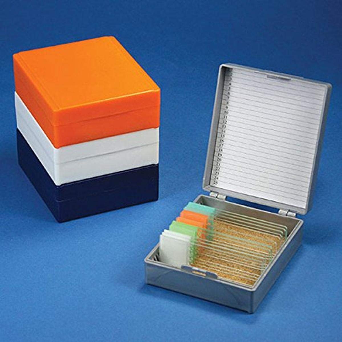 Globe Scientific Slide Storage Box 513075N - ABS Plastic Microscope Slide Organizer Holds 25 Slides with Cork Lining & Index Card - Orange Lab Equipment for Biology, Pathology & Medical Research
