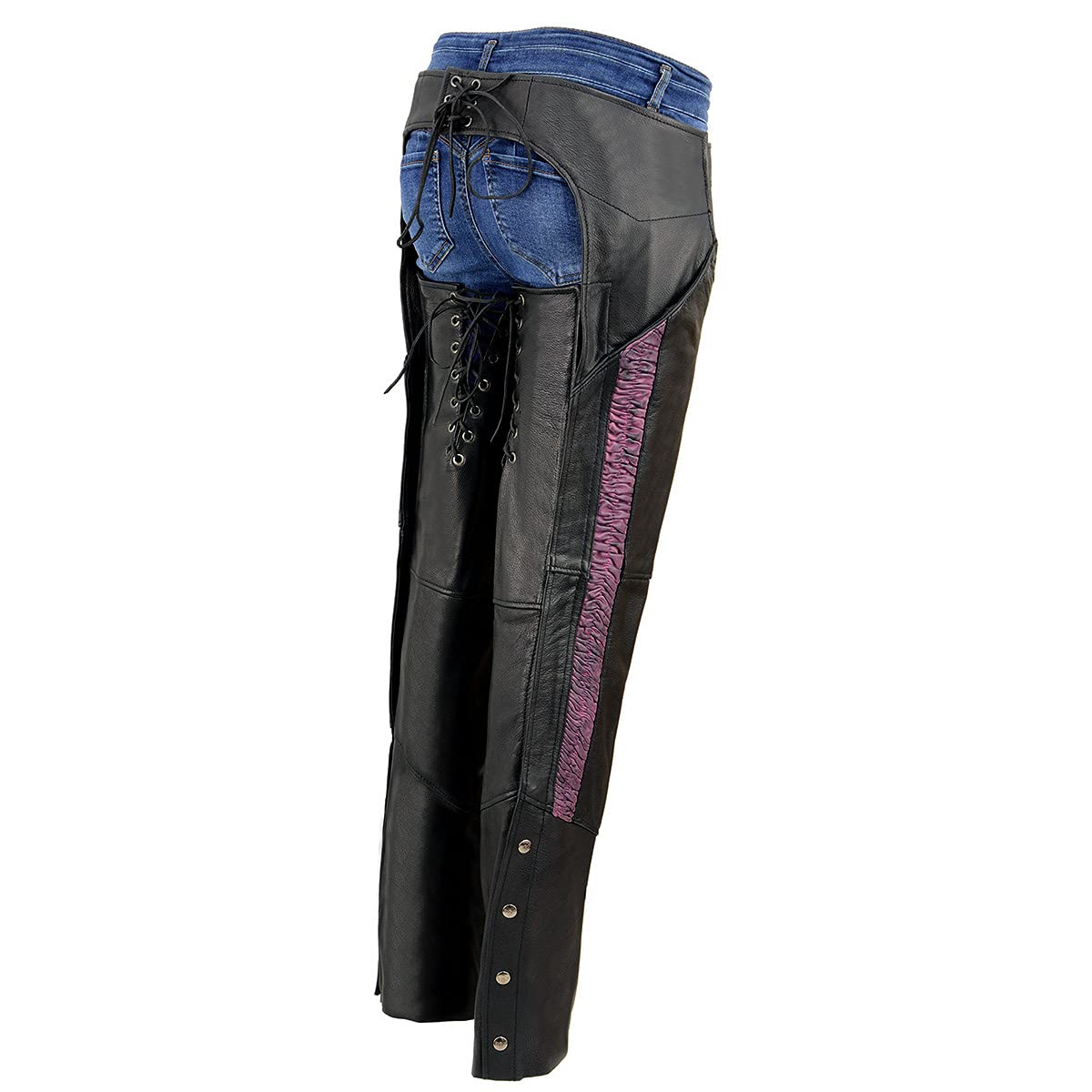 Milwaukee MLL6501 Women's Black Lightweight Goat Skin Motorcycle Chaps with Crinkled Stripes & Reflective Design - Perfect for Riding, Biker Events & Outdoor Adventures