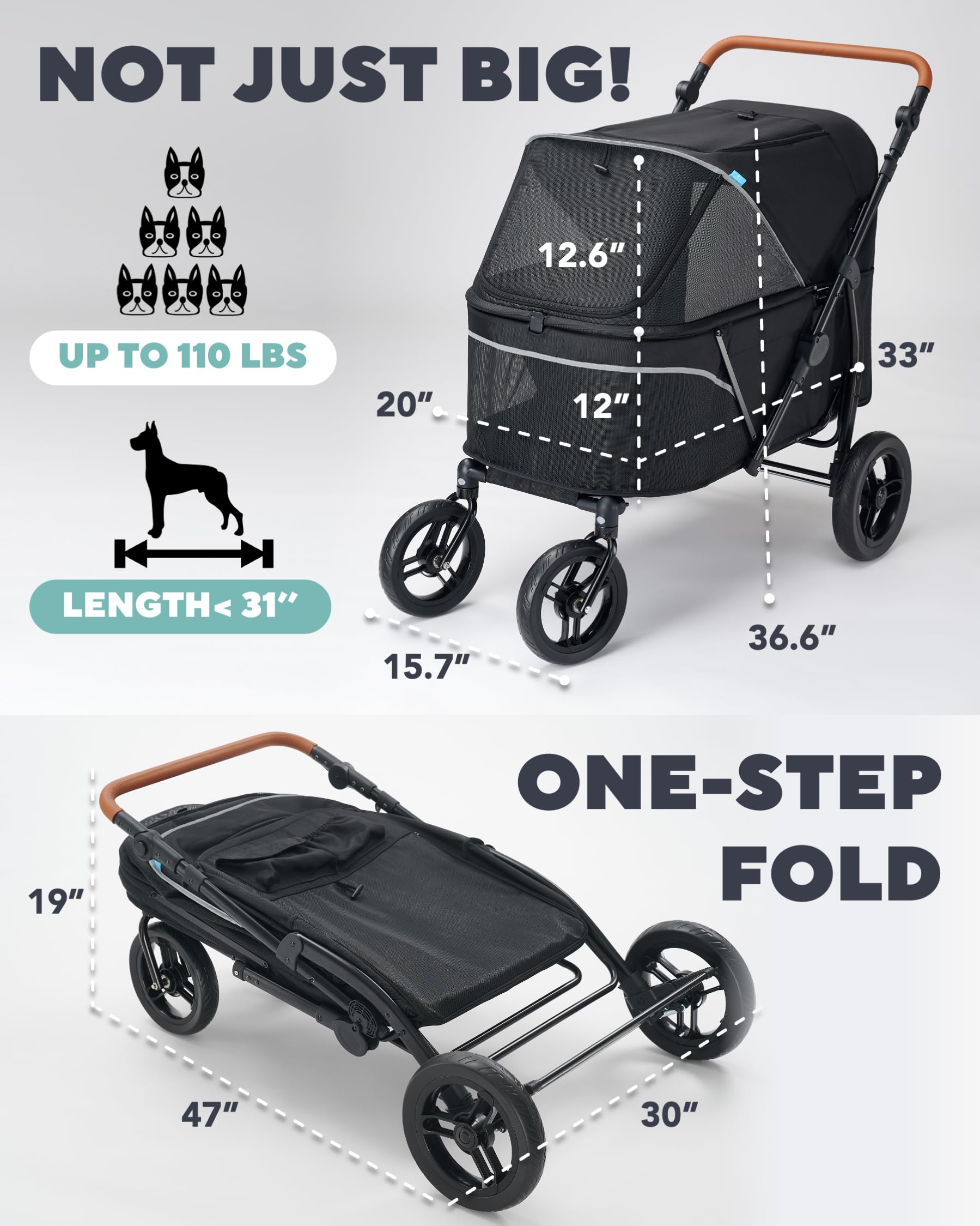 XL Dog Stroller for Large Dogs Up to 110lbs - All Terrain Pet Stroller with Adjustable Handle & 1680D Waterproof Oxford Fabric - Perfect for Hiking, Shopping, and Vet Visits