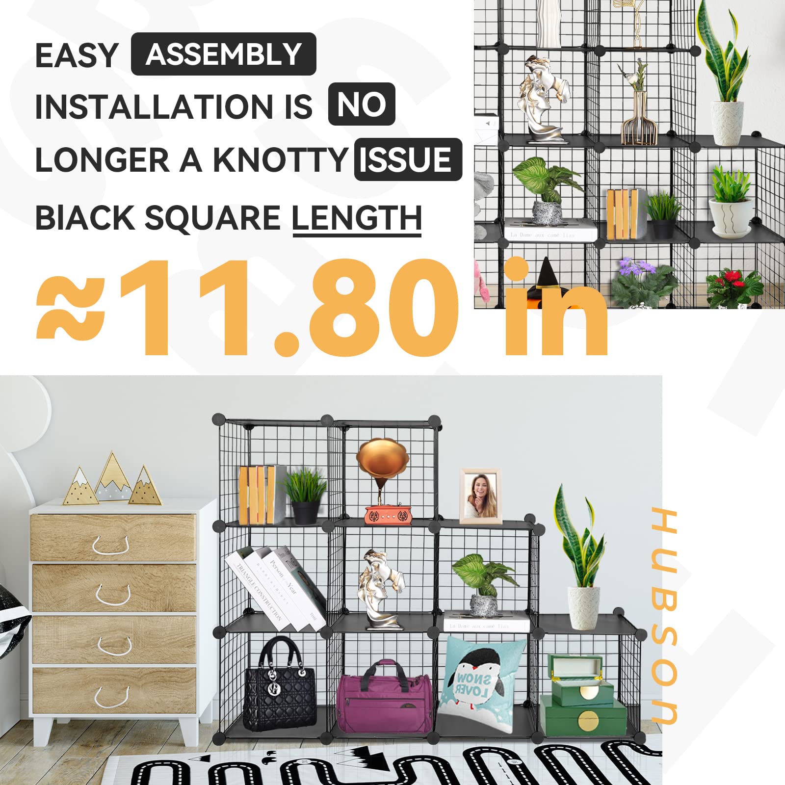 HUBSON 9-Cube Wire Storage Organizer - Freely Combinable Metal Grid Shelf for Books, Toys, Crafts, Potted Plants & Pet Supplies | Space-Saving Closet & Home Organization Solution (Black Iron Finish) - Perfect for Bedrooms, Playrooms & Home Offices